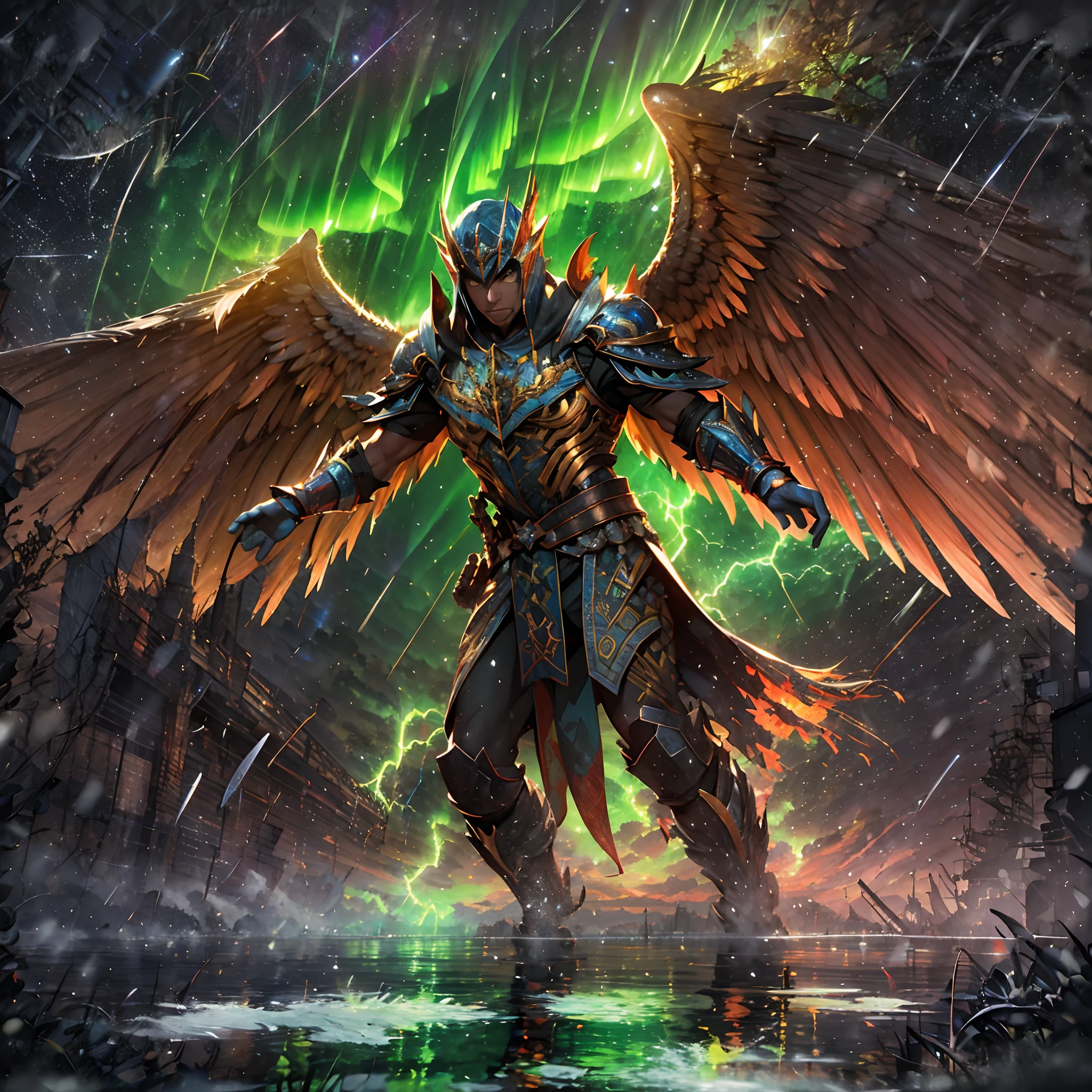 (A winged warrior who has swam through rivers of lightning),fotorrealista:1.37,Altas Resoluciones,vivid colors,Bokeh,Renderizado 3D,foco nítido,ultra detallado,Studio lighting,Guerrero,fierce expression,armadura,plumaje,Alas poderosas,lightning bolts,Aurora boreal,cielo tormentoso,superficies reflectantes,ethereal glow,mystical creature,Salpicaduras de agua,dynamic  pose,espada,Ruinas antiguas.