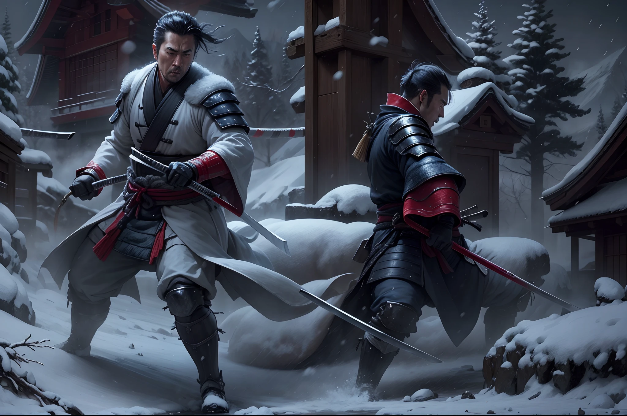 samurais fighting in the snows of winter, Zatoichi, the blind swordsman, snow, falling snow, night, evening, impressionism, hyperdetailed, 24k resolution,