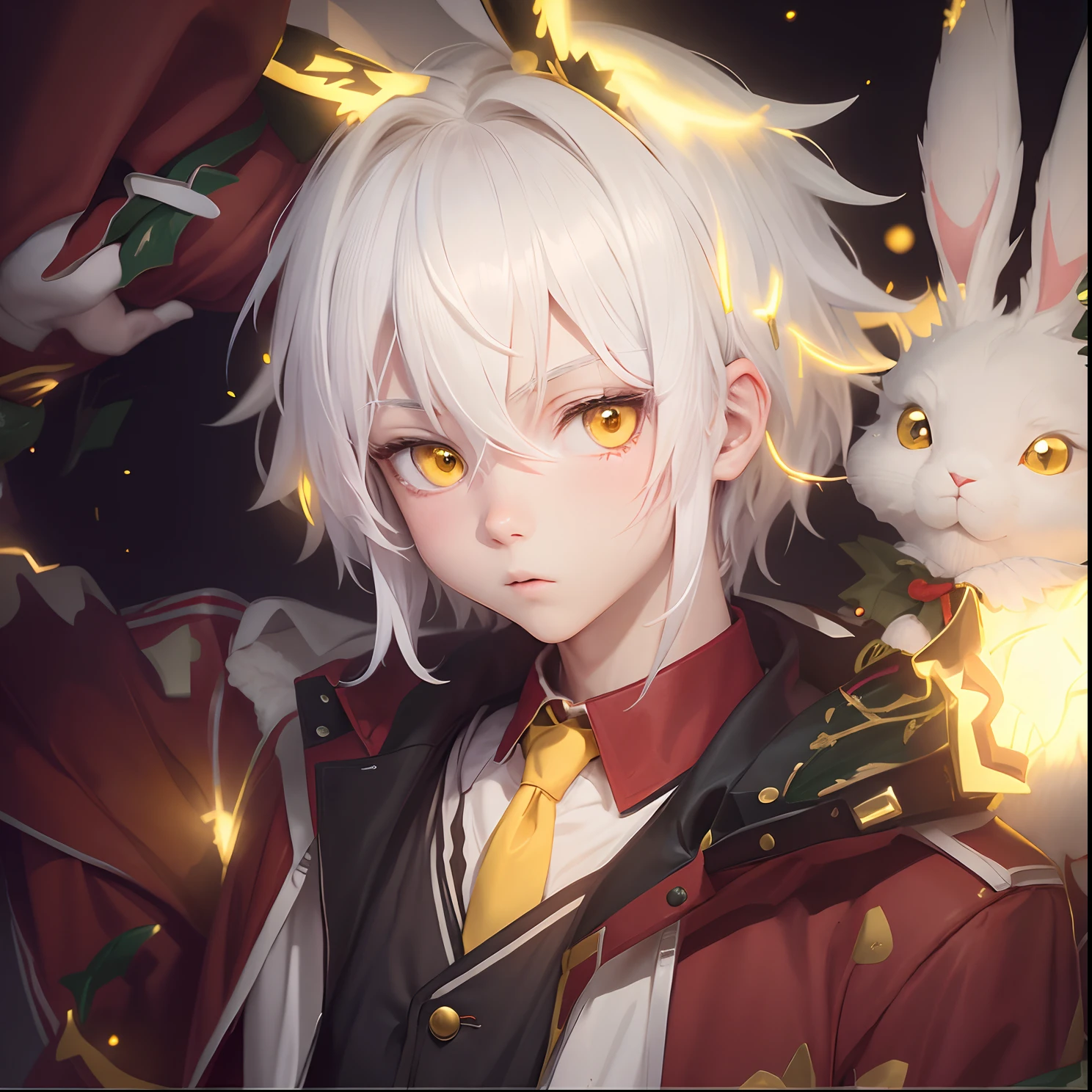 Anime illustration, White haired boy with rabbit ears with yellow eyes, in a red jacket and black school uniform with yellow tie, tangled in Christmas tree lights, wearing a Santa hat, in a Christmas decorated town