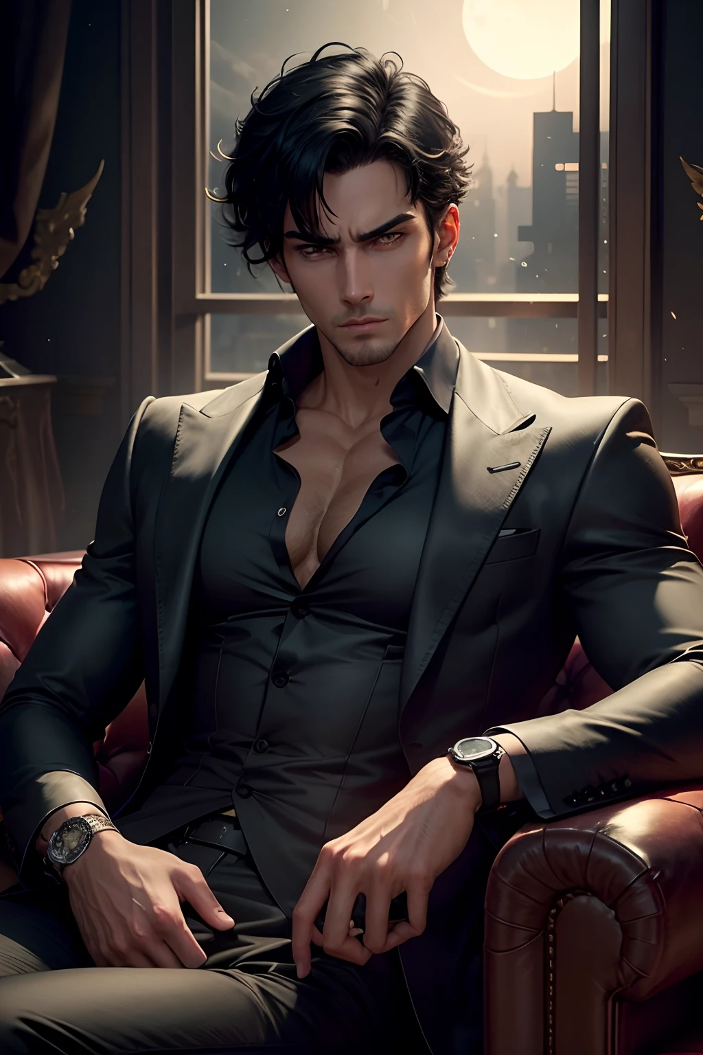 A handsome man sit on luxurious sofa in luxurious livingroom, very short black hair, forehead hair, yellow eyes, mansion, unbutton shirt, reveal smooth abs, thin, perfect body, hold paper in one hand, wristwatch, moonlight outside window, dark, villain vibe, cold, serious, fantasy, not looking at viewer, solo, man focus, messy hair, medium large shoot, sweat, upper body, night