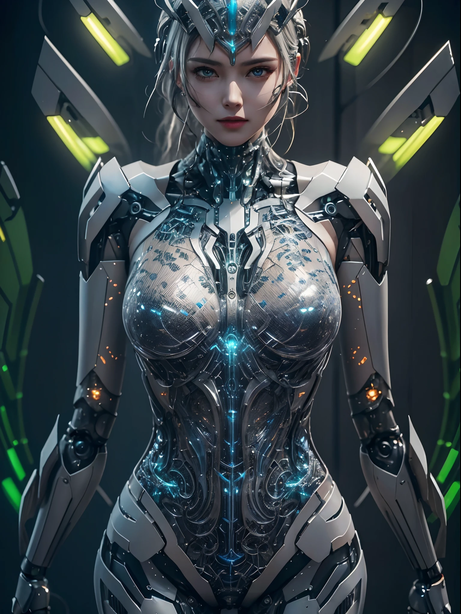 Highest quality, masterpiece, figure, (Realistic, photo-Realistic:1.37), wonderful, In detail, Incredibly absurd, Large file size, Very detailed, High resolution, Very detailed CG Unity 8k wallpaper, Very detailed目と顔, Ray Tracing, Browsing Caution, NUDE, One girl, Korean cyborg girl is innocent and young々Has a sly expression. She poses boldly with her arms raised above her head, Revealing her voluptuous figure. She is wearing a small black mecha armor top that barely covers her breasts., Exposing most of her flawless skin. Her shoulders and head have more armor detailing.、There are shining highlights, Tech Panels and Mechanisms. She is standing against a futuristic cityscape lit up with vibrant neon lights.、Standing full of energy。.