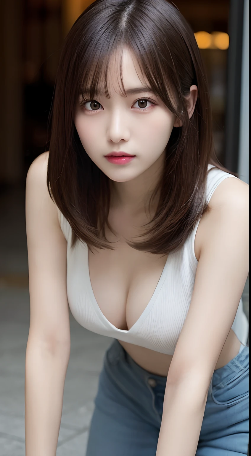 finely detail, hight resolution, hightquality、Perfect dynamic composition, Beautiful detailed eyes, Medium Hair, small tits、Natural Color Lip,Kamimei、Shibuya、20 years girl、1 persons、Transparent skin、Glowing hair、masutepiece, Best Quality, Illustration, Ultra-detailed, finely detail, hight resolution, 8K、The correct state of the human body、Crouch down、pretty pose,dishevled hair,beauty legs,Perfect beautiful face,KPOP Idol Face