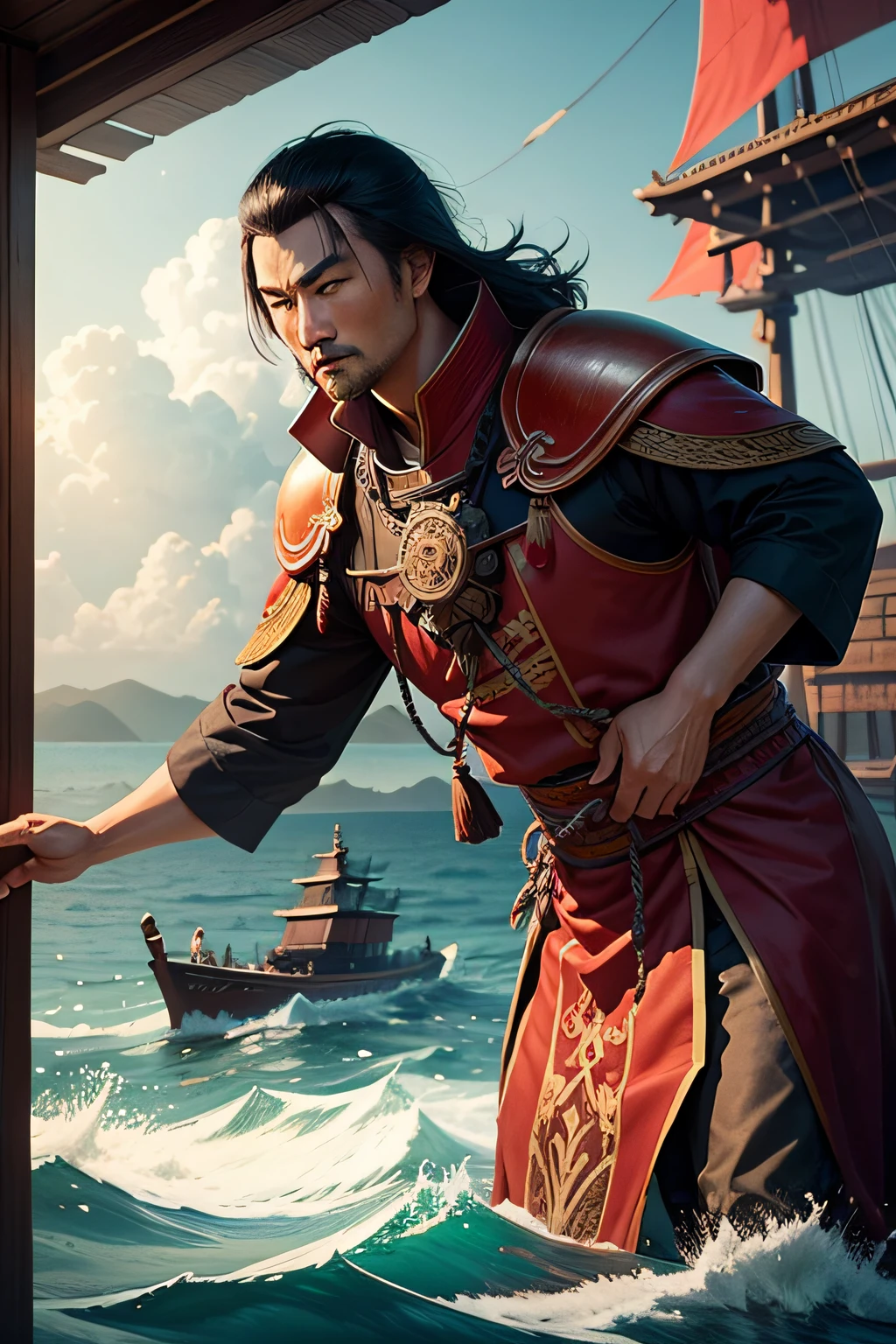 Zheng He went to the West,On the sea are large wooden boats,Floating on the sea,Shocking picture,big vista