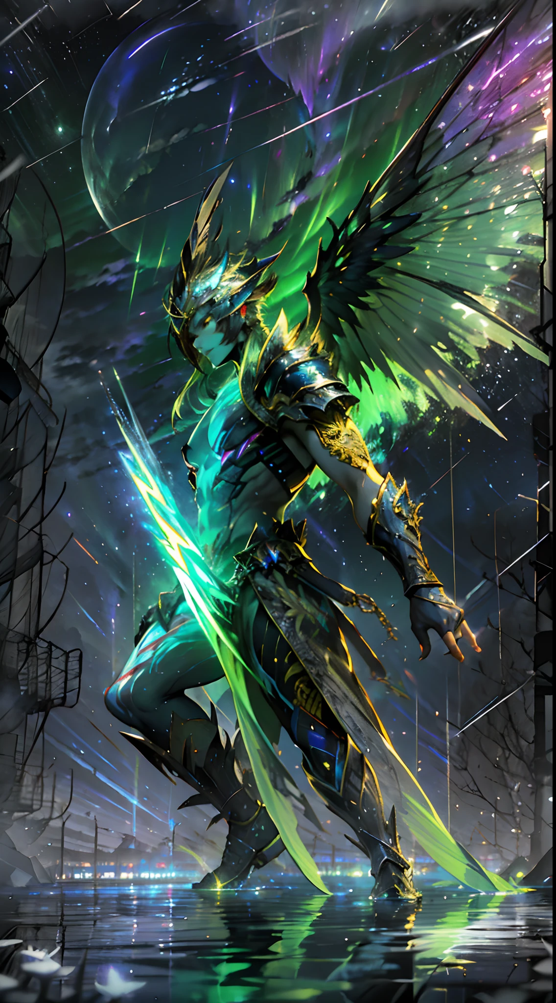 (A winged warrior who has swam through rivers of lightning),fotorrealista:1.37,Altas Resoluciones,vivid colors,Bokeh,Renderizado 3D,foco nítido,ultra detallado,Studio lighting,Guerrero,fierce expression,armadura,plumaje,Alas poderosas,lightning bolts,Aurora boreal,cielo tormentoso,superficies reflectantes,ethereal glow,mystical creature,Salpicaduras de agua,dynamic pose,espada,Ruinas antiguas.