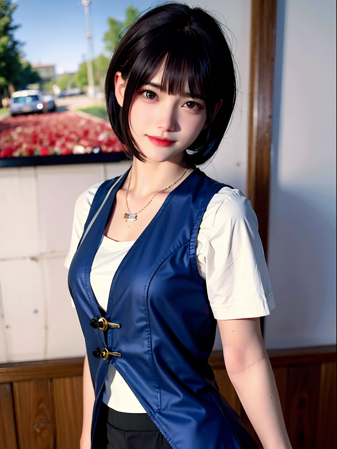 (((medium hair))), best quality, 8K, HDR, highres, absurdres:1.2, blurry background, bokeh:1.2, Photography, (RAW photo:1.2), (photorealistic:1.4), (masterpiece:1.3), (intricate details:1.2), 1girl, solo, japanese girl, delicate, beautiful detailed, (detailed eyes), (detailed facial features), petite, (((small breasts))), skin tight, (looking_at_viewer), from_front, (skinny), (best quality:1.4), (ultra highres:1.2), cinema light, (extreme detailed illustration), (lipgloss, best quality, ultra highres, depth of field, caustics, Broad lighting, natural shading, 85mm, f/1.4, ISO 200, 1/160s:0.75),1girl, solo, (((blue vest))) smile, school uniform, necklace,