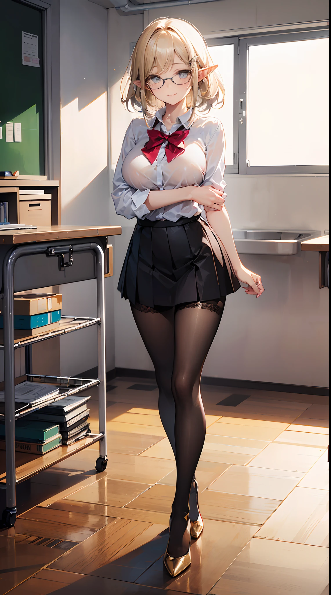 ((masterpiece)), ((best quality)), (ultra-detailed), ((kawaii)), cute, (erotic), ((sexy)), (ero), ((extremely detailed)), 4K, (8K), best quality, (beautiful), realistic, real, full body focus, school, classroom, a pretty mature elf, dark skin:1.8, solo, brown school uniform:1.7, miniskirt, beautiful light blonde, beautiful grey eyes, ((beautiful eyes with highlights )), transparent hair, translucent hair, medium breast, nude tights, glasses, smile, neon light, reflection effect, beige pantyhose:1.6, nude tights, lace bronze tights, high heels