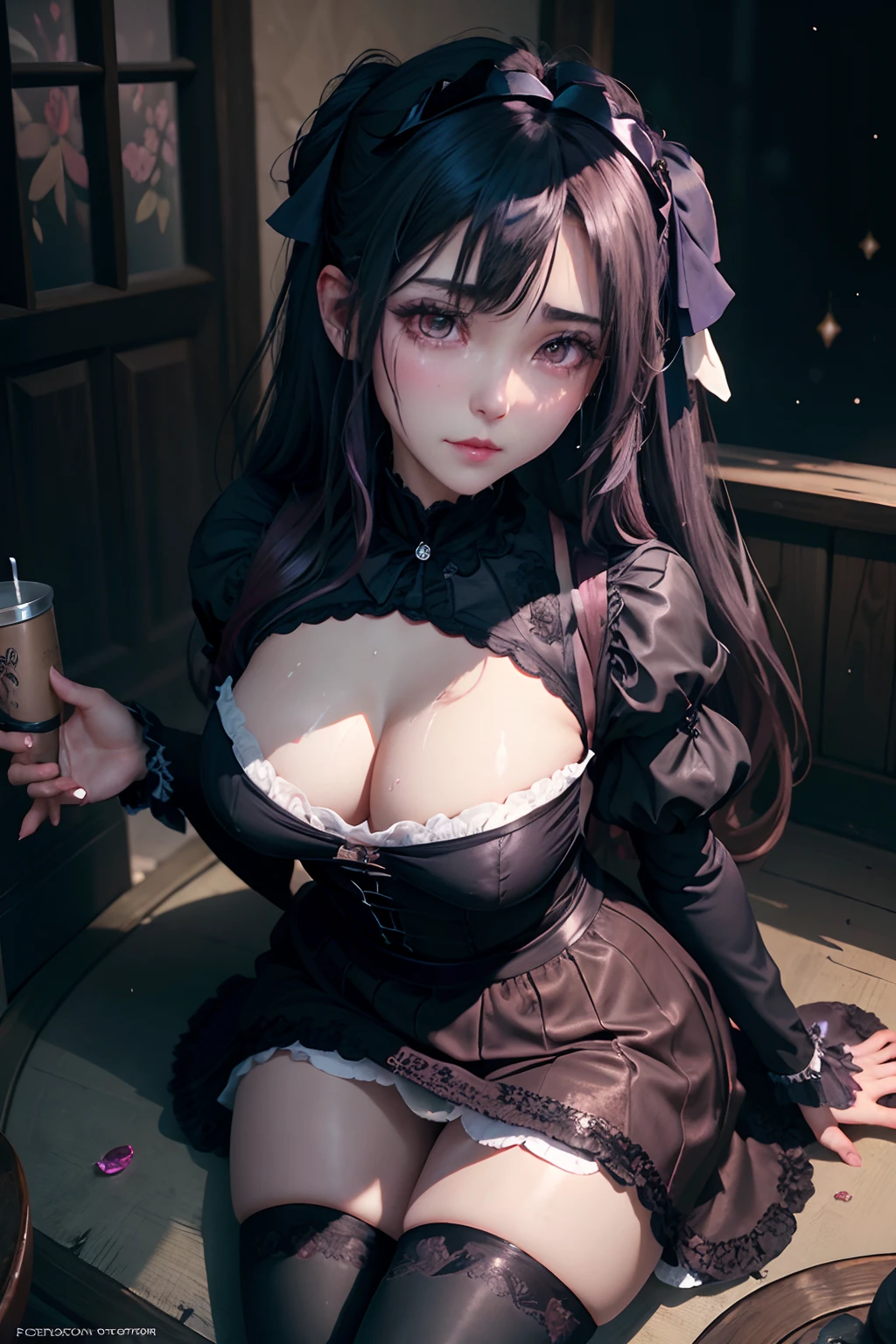 A sexy、A slight smil、garterbelts、knee high socks、panthyhose、Beautifying the world、Unhappy、Lament my night's fantasy、Transcendent beauty、Beautiful shape、wretched、ghosts、wraiths、Evil Spirit、Beautiful、boredom、Unusual beauty、Bewitching、Fornication、Hard Dark Gothic Makeup、Maniacal、Deep night sky、horor、twin-tail hair、Black Dark Eyeshadow、slaves、crying how bright、mourn、Sad songs、Good skin luster、Lace pink、Long hair straight hair、Dark Gothic Makeup、Dark smile、Restless Palace、Expressions of sexual arousal、Fragrant beauty、age19、carriage、Lying、seductiv、Strong sexual pleasure facial expressions、A look of shame、open one's legs、Dark Gothic、Gothic Long Dress、Gothic ta、Dark purple hair、Masturbation、bell sleeves、Wizard Sleeve、Obscene look、Stained glass background、masterpiece、best quality、ultra-detailed、Refers to 5 books、Glitter of sweat on the chest、Glitter of sweat on the face、Glitter of sweat on the thighs、Expressions of sexual pleasure in anguish、sweating profusely、Drunken face、maid clothes、glamorous、Mysterious、noble、Face holding back the toilet、Gothic clothing、Suede clothing fabric、Black pretend skirt、