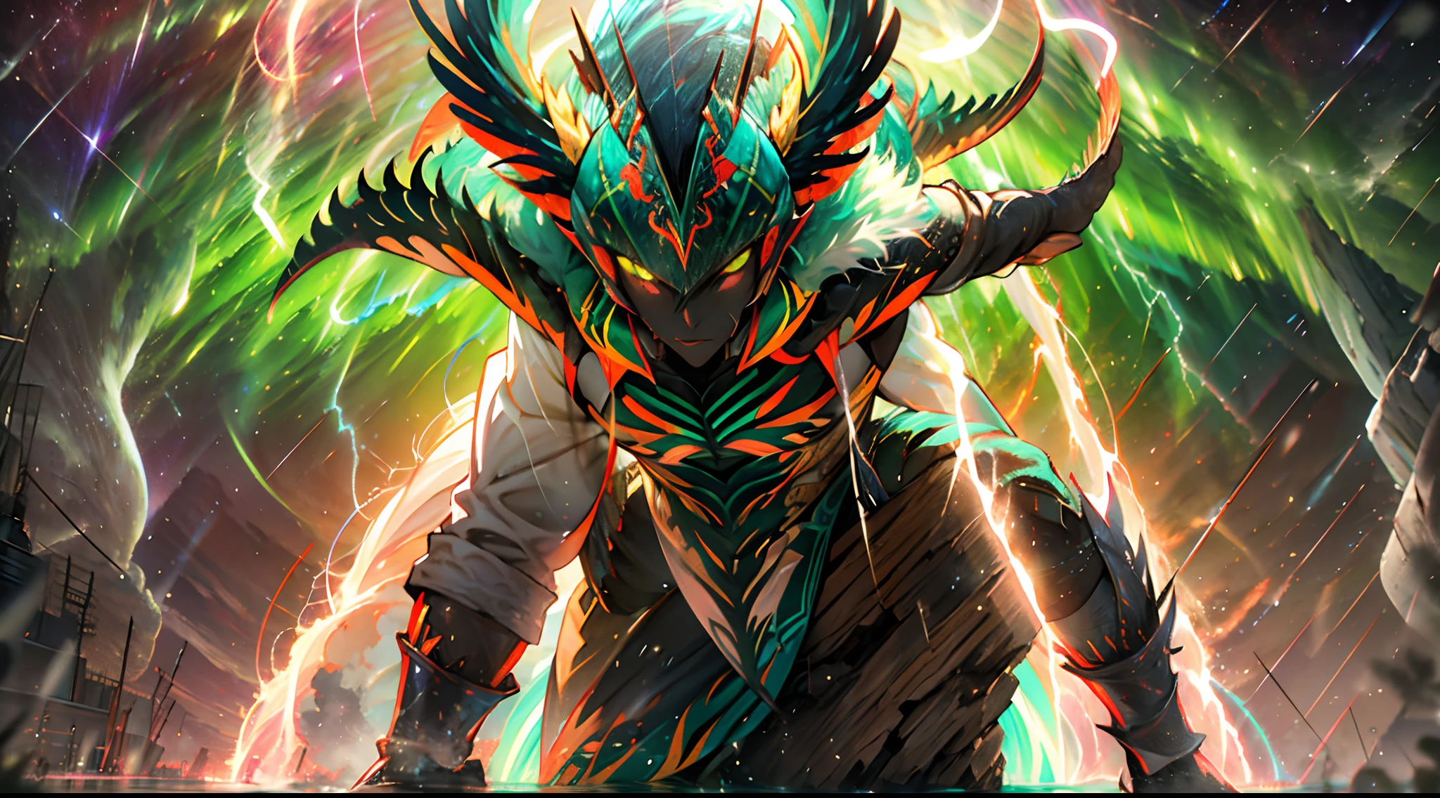 (A winged warrior who has swam through rivers of lightning),fotorrealista:1.37,Altas Resoluciones,vivid colors,Bokeh,Renderizado 3D,foco nítido,ultra detallado,Studio lighting,Guerrero,fierce expression,armadura,plumaje,Alas poderosas,lightning bolts,Aurora boreal,cielo tormentoso,superficies reflectantes,ethereal glow,mystical creature,Salpicaduras de agua,dynamic  pose,espada,Ruinas antiguas.