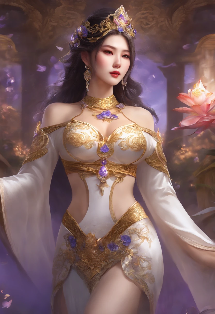 a close up of a woman in a sexy transparent white gold low-cut lace armor cleavage big breasts with a lotus flower in her hand, head jewelry, violet necklace, jade belt , toned abs, a beautiful fantasy empress, ((a beautiful fantasy empress)), beautiful celestial mage, beautiful character painting, full body xianxia, portrait knights of zodiac girl, by Yang J, g liulian art style, fantasy art style, foreshortening