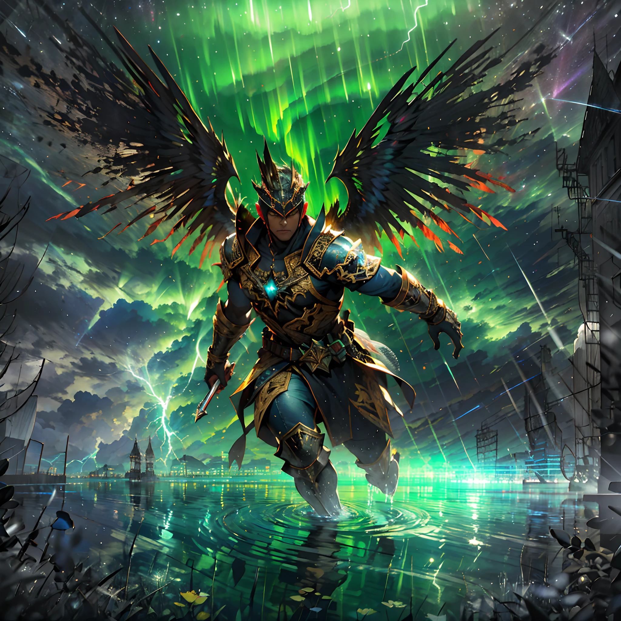 (A winged warrior who has swam through rivers of lightning),fotorrealista:1.37,Altas Resoluciones,vivid colors,Bokeh,Renderizado 3D,foco nítido,ultra detallado,Studio lighting,Guerrero,fierce expression,armadura,plumaje,Alas poderosas,lightning bolts,Aurora boreal,cielo tormentoso,superficies reflectantes,ethereal glow,mystical creature,Salpicaduras de agua,dynamic pose,espada,Ruinas antiguas.