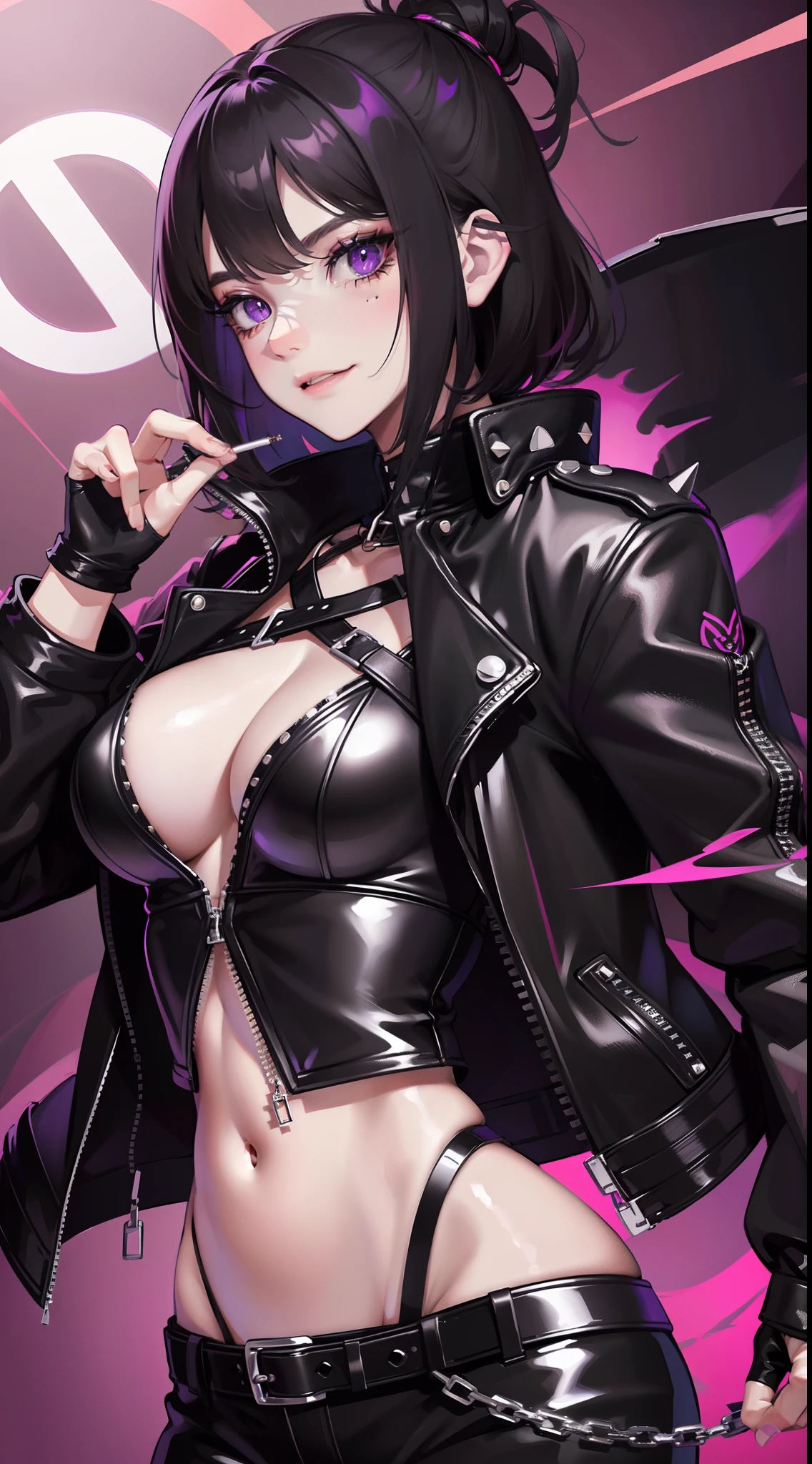 young girl, short black hair, violet eyes, smirk, Black leather jacket with spikes, open belly, breeches, Chains on clothes, scar on face, cigarette, Smoke, hiquality, 4k, HD, Good detail