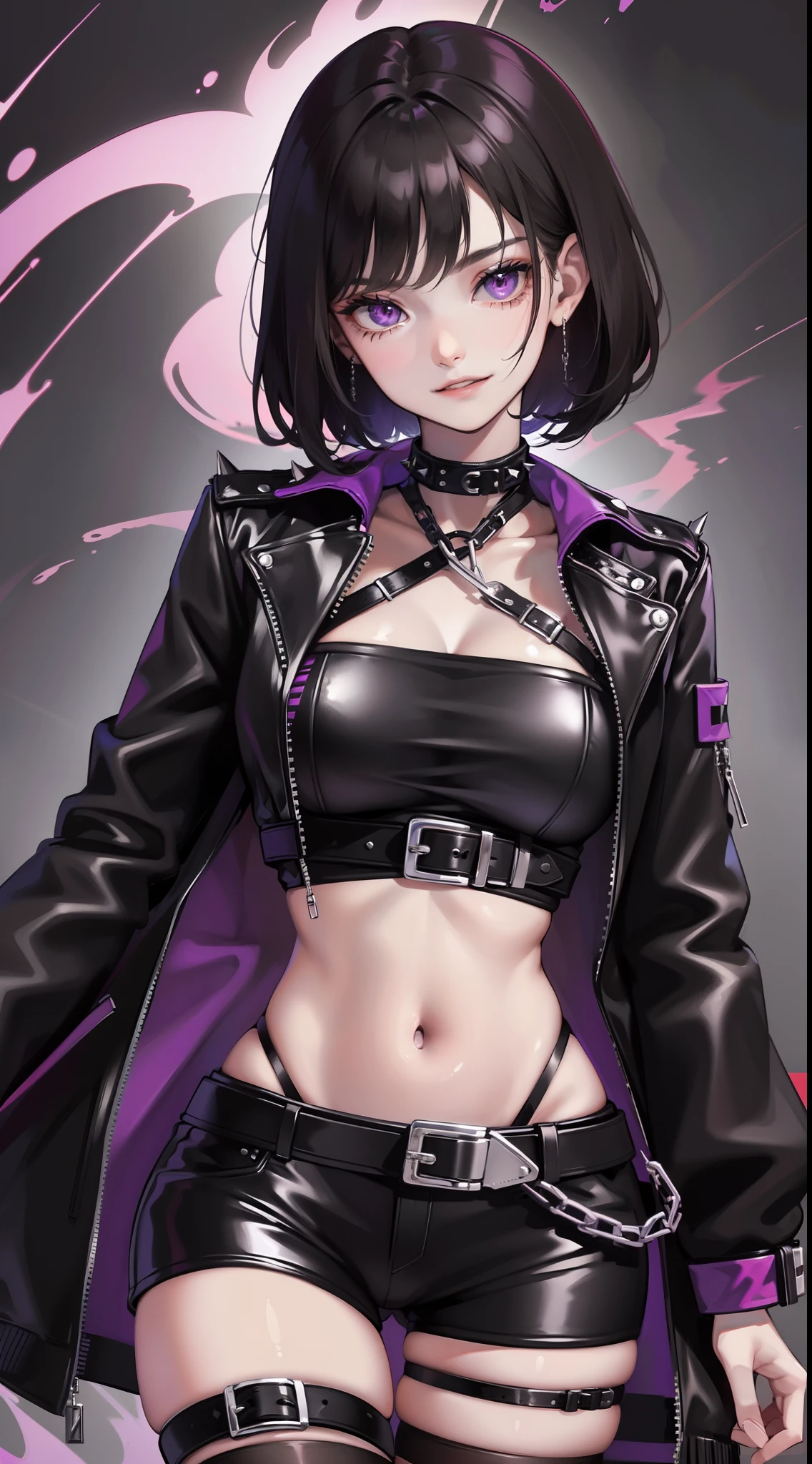 young girl, short black hair, violet eyes, smirk, Black leather jacket with spikes, open belly, breeches, Chains on clothes, scar on face, cigarette, Smoke, hiquality, 4k, HD, Good detail