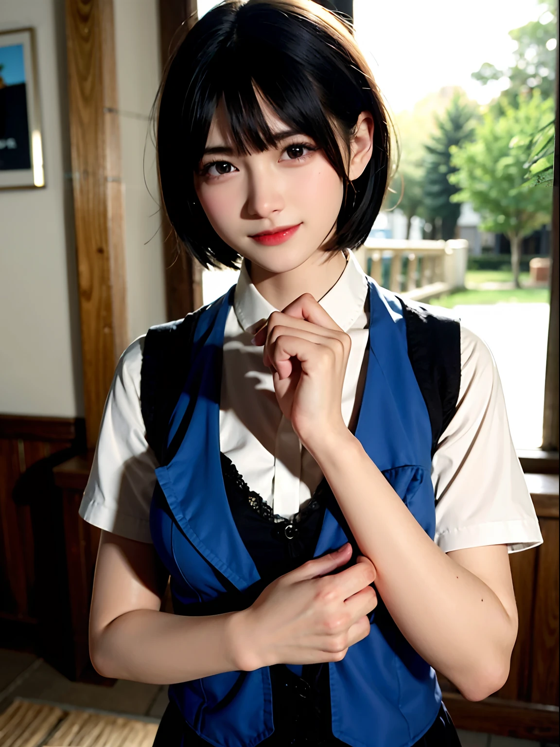 (((medium hair))), best quality, 8K, HDR, highres, absurdres:1.2, blurry background, bokeh:1.2, Photography, (RAW photo:1.2), (photorealistic:1.4), (masterpiece:1.3), (intricate details:1.2), 1girl, solo, japanese girl, delicate, beautiful detailed, (detailed eyes), (detailed facial features), petite, (((small breasts))), skin tight, (looking_at_viewer), from_front, (skinny), (best quality:1.4), (ultra highres:1.2), cinema light, (extreme detailed illustration), (lipgloss, best quality, ultra highres, depth of field, caustics, Broad lighting, natural shading, 85mm, f/1.4, ISO 200, 1/160s:0.75),1girl, solo, (((blue vest))) smile, school uniform, necklace,