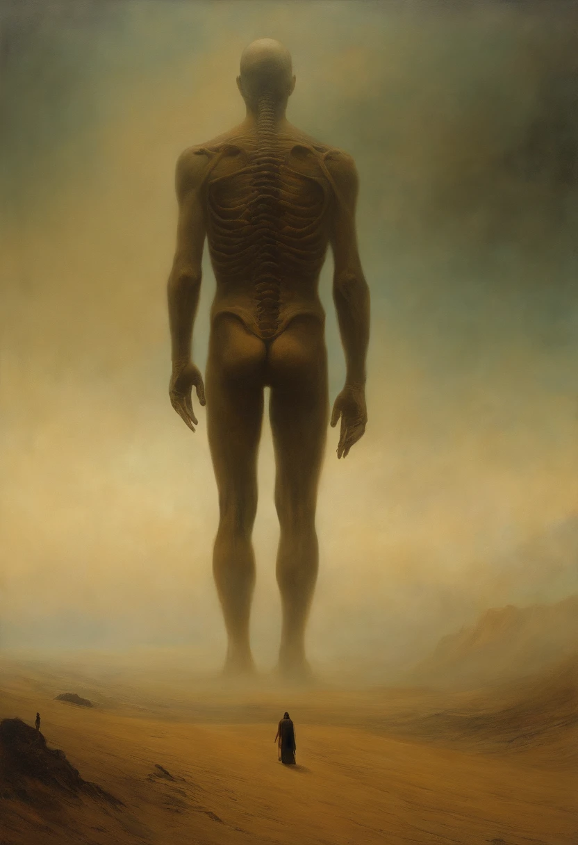 Image in the Zdzisław Beksiński style (Empty people, without abdomen just the mold of the rib cage, seem to search for their souls. (exaggerated movements) (arid climate) (heads in the painting style of Francis Bacon) (atmosphere of amazement) (post-apocalyptic) (oppressor)
