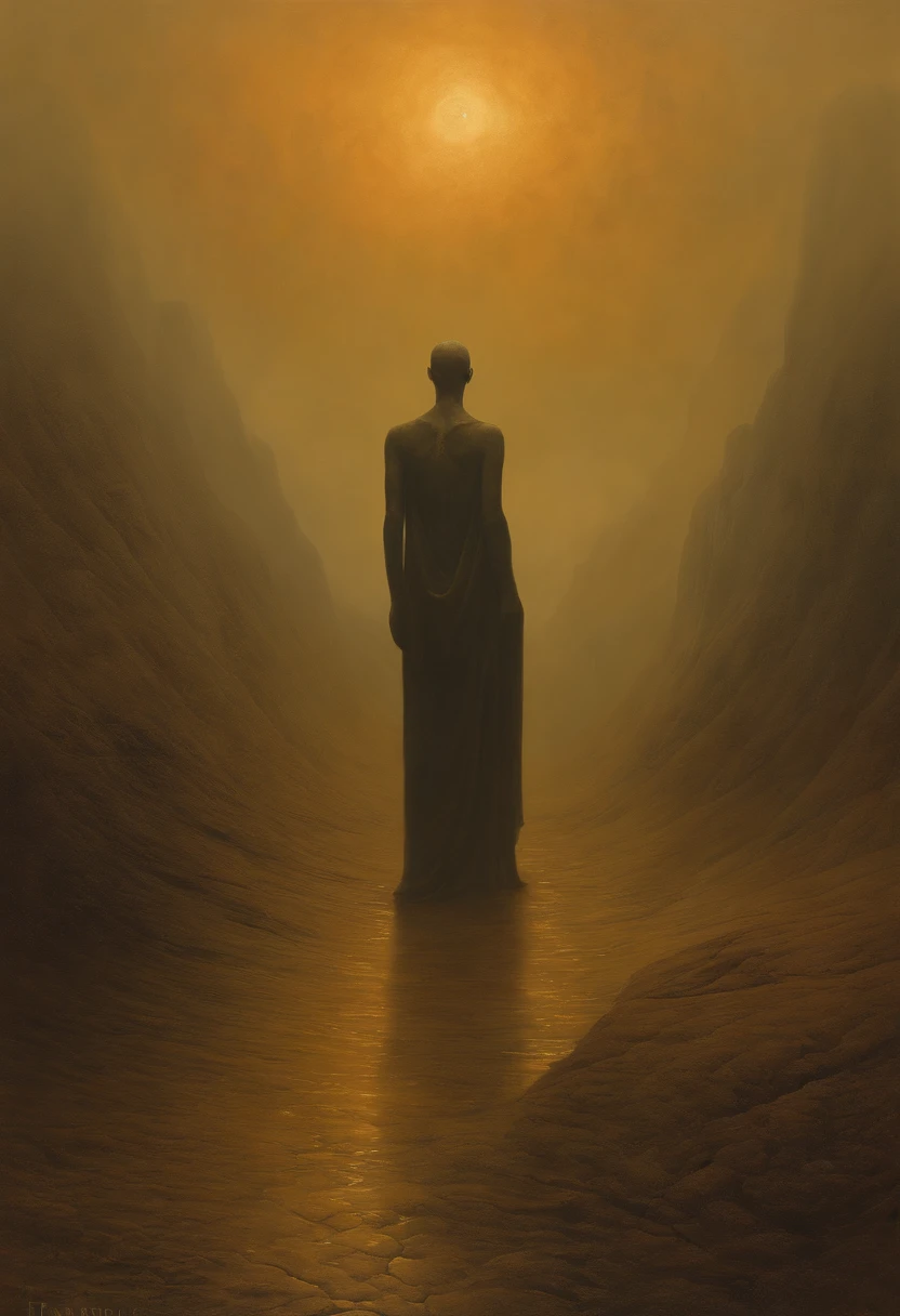 Image in the Zdzisław Beksiński style (Empty people, without abdomen just the mold of the rib cage, seem to search for their souls. (exaggerated movements) (arid climate) (heads in the painting style of Francis Bacon) (atmosphere of amazement) (post-apocalyptic) (oppressor)