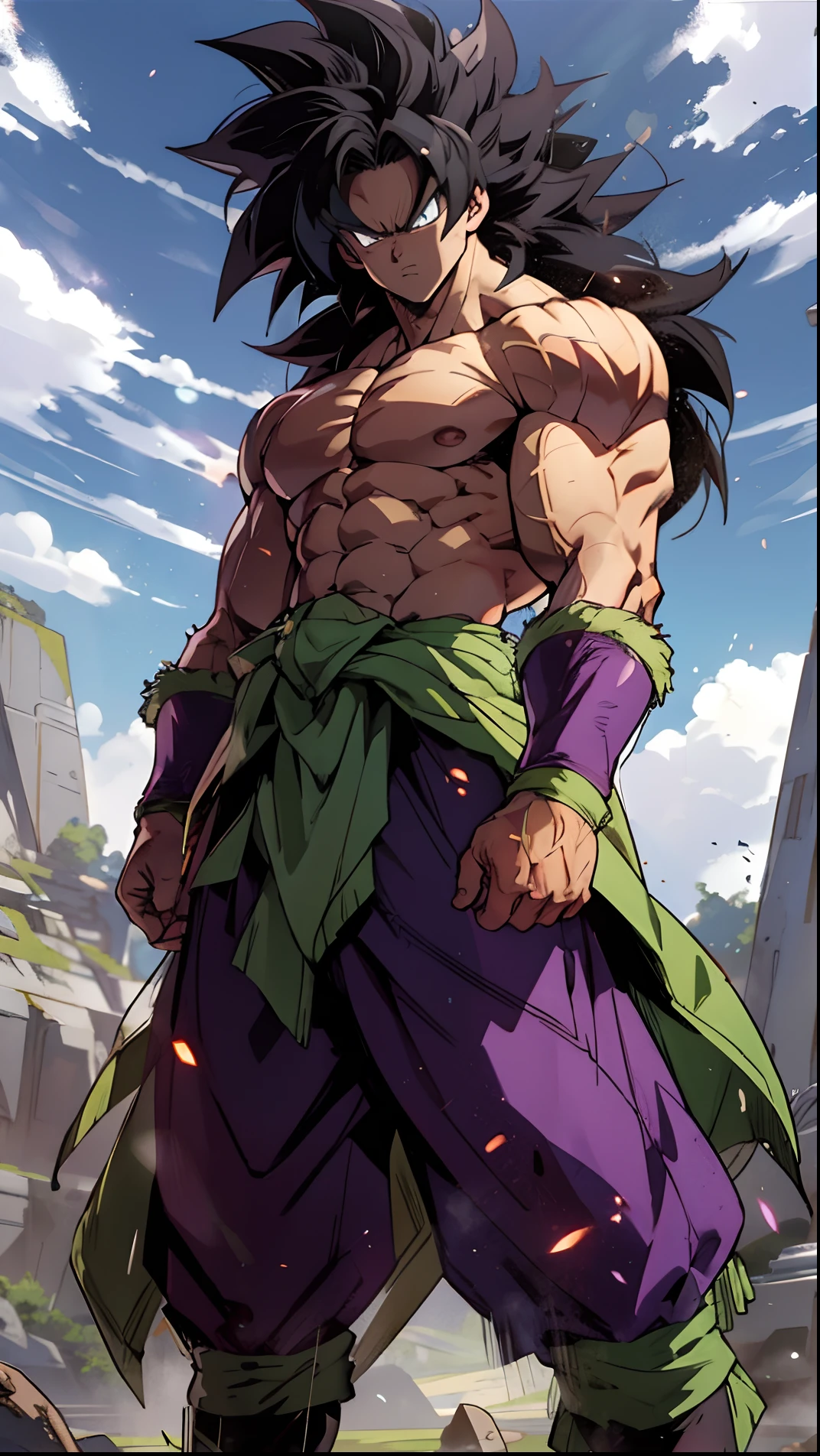 quadratic element,style of shonen anime artwork,broly,The proportions are correct,Face details,highly detailed eyes,hairstyle,Neck details,clothes details,getting ready to fight,short sleeves,Game quality,Light and shadow tracking,Ray traching,detailed glow,cg render,hair detail,Handsome,Handsome,（juvenile sense）,Clothing is complicated,Perfectcomposition,Refinement,high qulity,higher details,Lots of details,volvcano in the background, The background is complex,a sense of atmosphere, angry looking, ((anime))((colorful)), 8k, ((masterpiece)), HDR, highly detailed, vaines poping out, professiona,cloudstick,broly,legendary super saiyan,green fur pelt draped around the waist,black hair