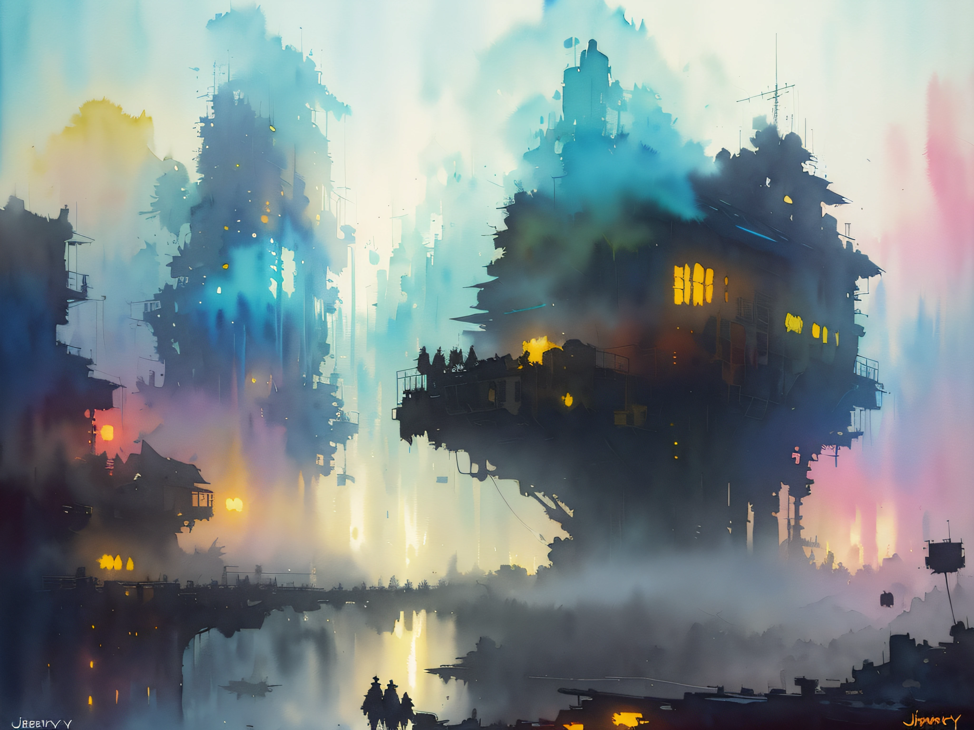 colorful, ((watercolor painting by John Berkey and Jeremy Mann)) brush strokes, sweater, 8k, fantasy art, mysterious, Bokeh, and floating islands, (photorealistic painting, masterpiece:1.2, vibrant color palette:1.1), dramatic, (best quality:1.1), misty night, watermill, cowboy shot, trending on CGsociety, ((best quality))
