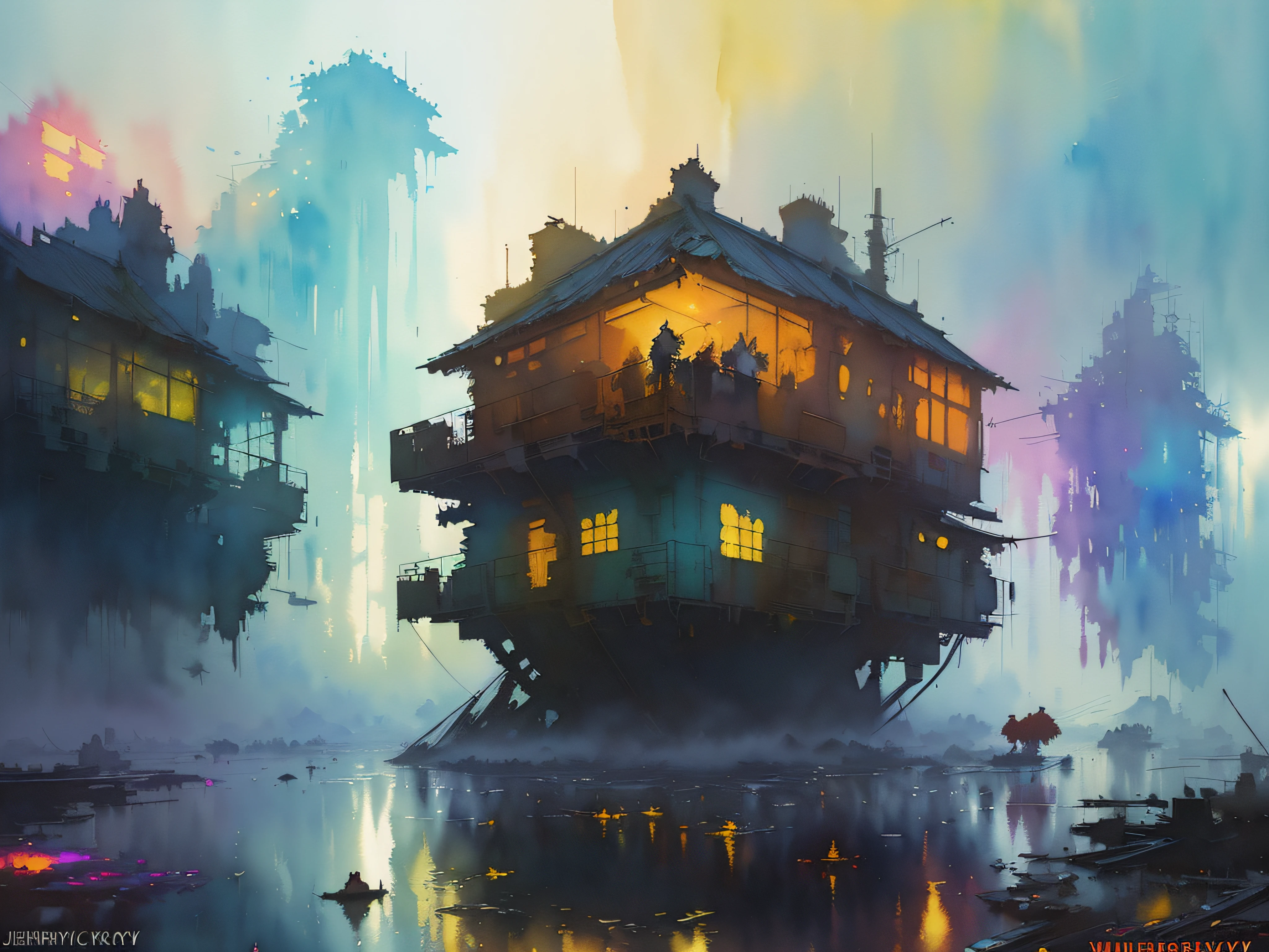 colorful, ((watercolor painting by John Berkey and Jeremy Mann)) brush strokes, sweater, 8k, fantasy art, mysterious, Bokeh, and floating islands, (photorealistic painting, masterpiece:1.2, vibrant color palette:1.1), dramatic, (best quality:1.1), misty night, watermill, cowboy shot, trending on CGsociety, ((best quality))