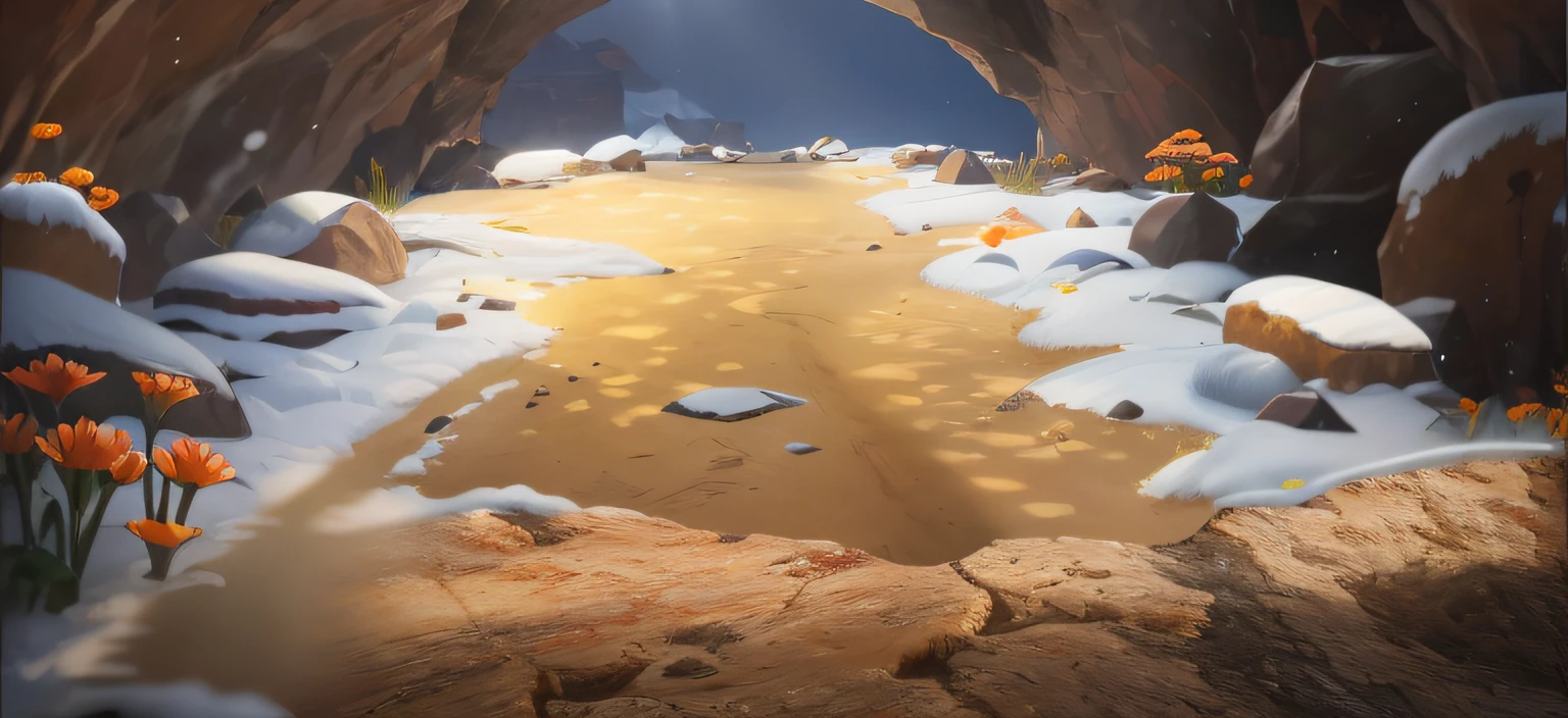 There is a picture of a snowy road in the cave, Cave background, arena background, snow cave, In a cave of cracked land, rocky environment, random background scene, sand and desert environment, cinematic level shot, canyon background, cave setting, cave system, background environment. background-image, arte de fundo，Rock texture，The texture is clear，fanciful，Natural sunlight from the magic sphere，Ray traching，diffuselighting，vivd colour，Rochas（The is very detailed，finely detailled，iintricate），8K分辨率，