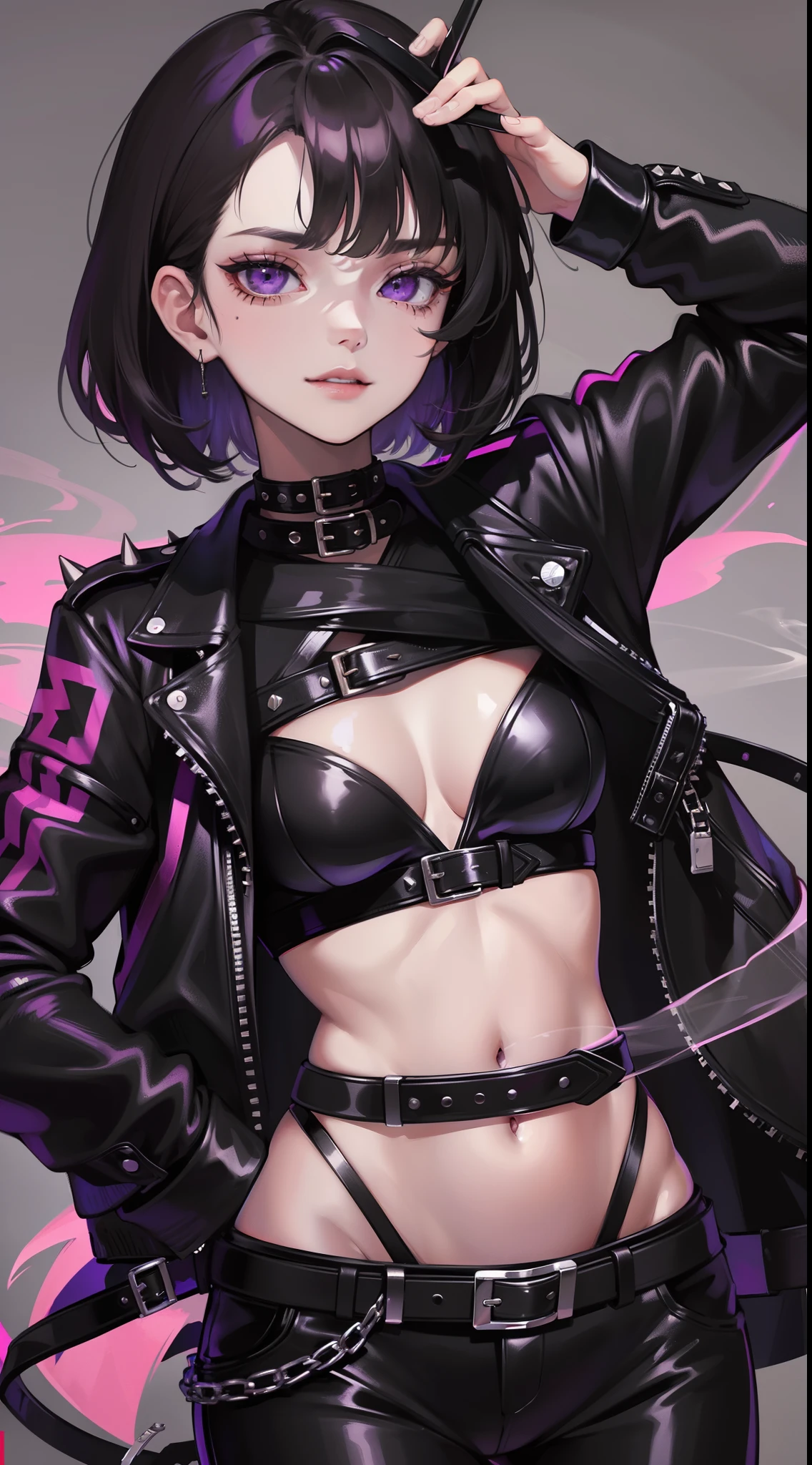 young girl, short black hair, violet eyes, smirk, Black leather jacket with spikes, open belly, breeches, Chains on clothes, scar on face, cigarette, Smoke, hiquality, 4k, HD, Good detail