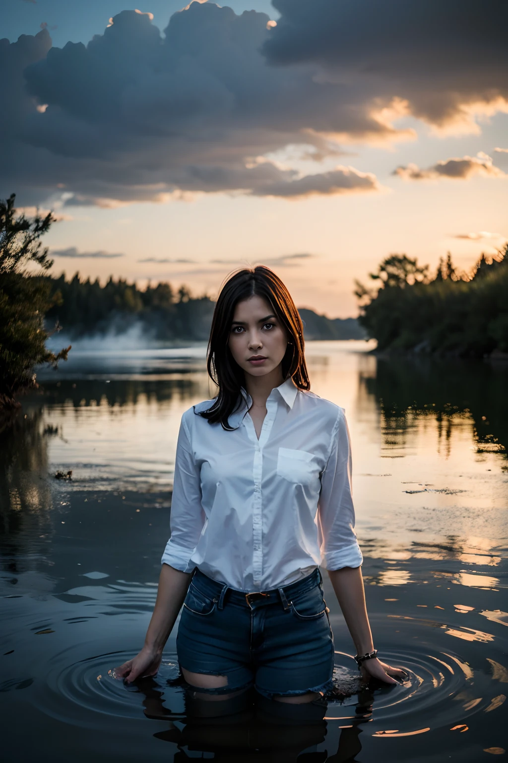 A woman's final moments before drowning in a swamp, wearing jeans and a blouse, (best quality,4k,8k,highres,masterpiece:1.2), ultra-detailed, (realistic,photorealistic,photo-realistic:1.37) [swamp] [jeans], [blouse], [distressed], [tangled vegetation], [rippling water], [ominous atmosphere], [fading light], [desperation], [reflection], [struggle], [trapped], [isolation], [misty], [gloomy], [sinister], [sinking], [clinging to hope], [drowning], [suffocating], [eerie silence], [fading consciousness], [emotional turmoil], [damp surroundings], [urgent rescue], [sudden calmness], [haunting].
