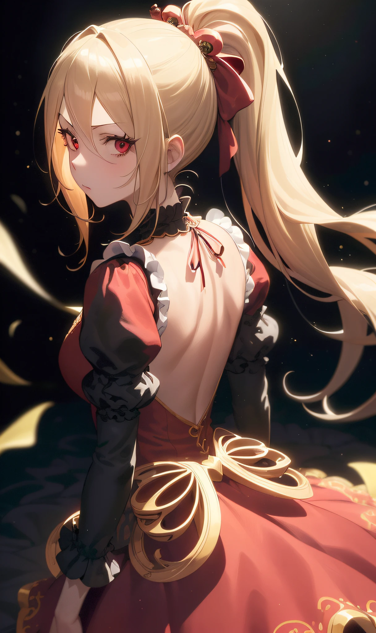 (masutepiece, Best Quality:1.2), Extremely detailed, detailed hairs, Soft skin,
1girl in, Solo, Standing, Upper body, from behind,
Blonde hair, Long hair, High Ponytail, Long ponytail,
Red Eyes, long eyelashes, thick eyelashes, Looking at Viewer,
Red dress, backless dress, ornate dress, Puffy skirt, Long skirt, Puffy sleeves, juliet sleeves, Long sleeves,
,
Black background,