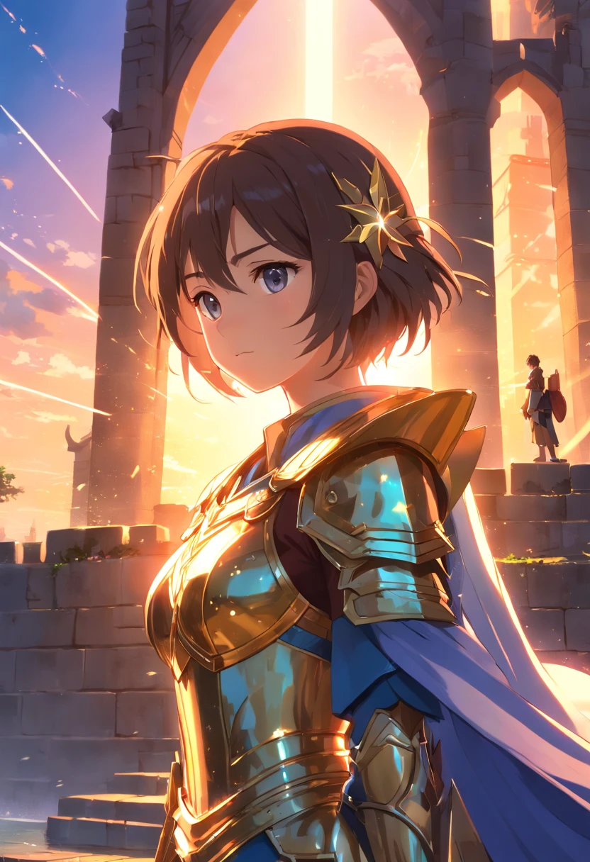 (extremely detailed CG unity 16k wallpaper:1.1), (Denoising strength: 1.45), (tmasterpiece:1.37), An intense, Close-up depiction of a woman in knightly armor. She stood on a stone bridge, The walls soar into the sky, Homem-Imponente, Behind him is magnificent. In her hand, she is holding a sword, Its edges sparkle in softness, The glow of the setting sun fades away. Her face was resolute, Show her inner strength and courage. Intricate details on the armor, Castle, And the sword brings the scene to life, realistic quality., god rays, sparkle, glowing light, rainbow effects