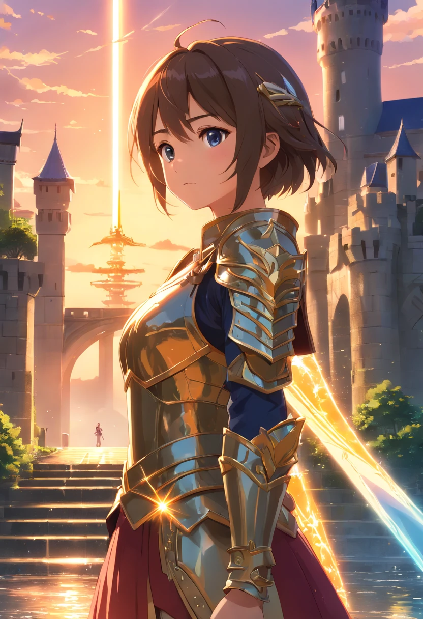 (extremely detailed CG unity 16k wallpaper:1.1), (Denoising strength: 1.45), (tmasterpiece:1.37), An intense, Close-up depiction of a woman in knightly armor. She stood on a stone bridge, The walls soar into the sky, Homem-Imponente, Behind him is magnificent. In her hand, she is holding a sword, Its edges sparkle in softness, The glow of the setting sun fades away. Her face was resolute, Show her inner strength and courage. Intricate details on the armor, Castle, And the sword brings the scene to life, realistic quality., god rays, sparkle, glowing light, rainbow effects
