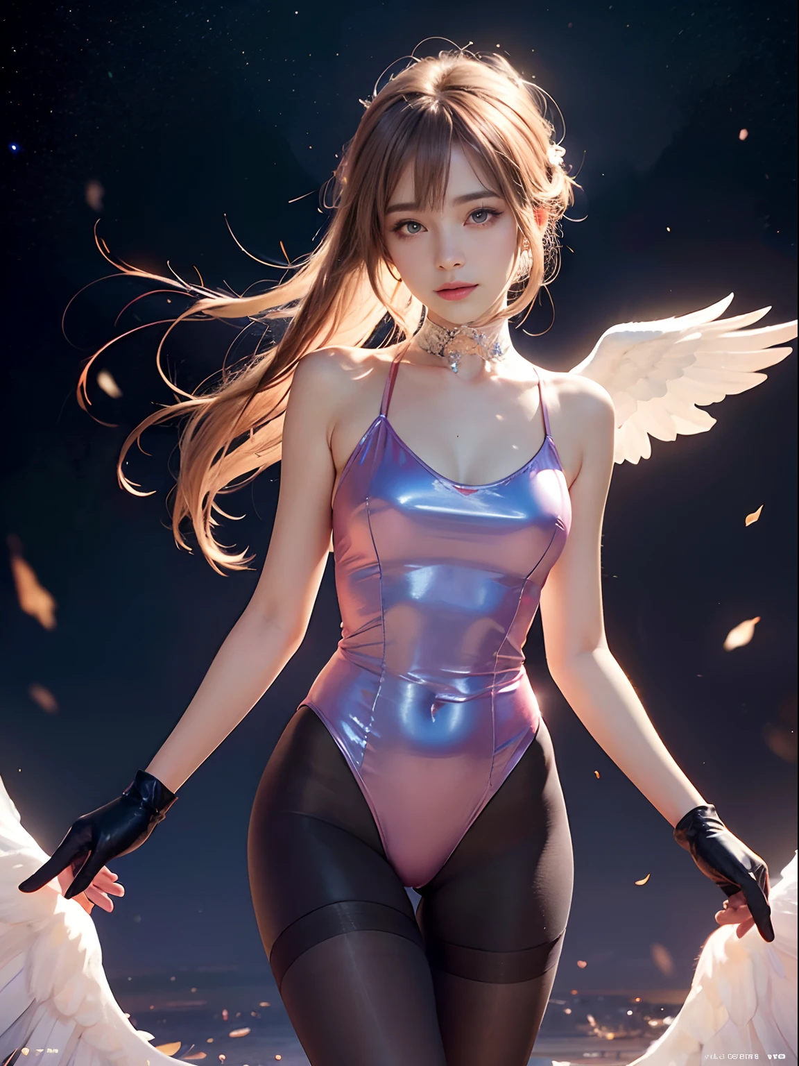 (((tmasterpiece))), 1girll, Hatsune Miku, vocal, Super detailed, hyperrealistic face, (flirty expression), (pink leotard), Blue gloves, Pantyhose, ((Super cute face)), ((Angelic face)), ((Incredibly beautiful eyes)), (glowing light eyes), (full bodyesbian), (luminous hair), Super sexy hair, (Delicate and perfect hands), (Perfect anatomy), Super delicate and sexy body, sexyposture, ((ulzzangs)), (ultra thin face), Exquisite features, ultra - detailed, Better quality, Cinematic lighting, attractive beautiful, sexy looks, Nice star background