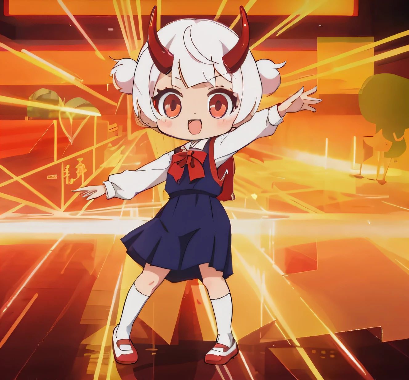 chibi anime school girl, with a pair of red horns , different colored eyes, red randoseru , white hair, dancing