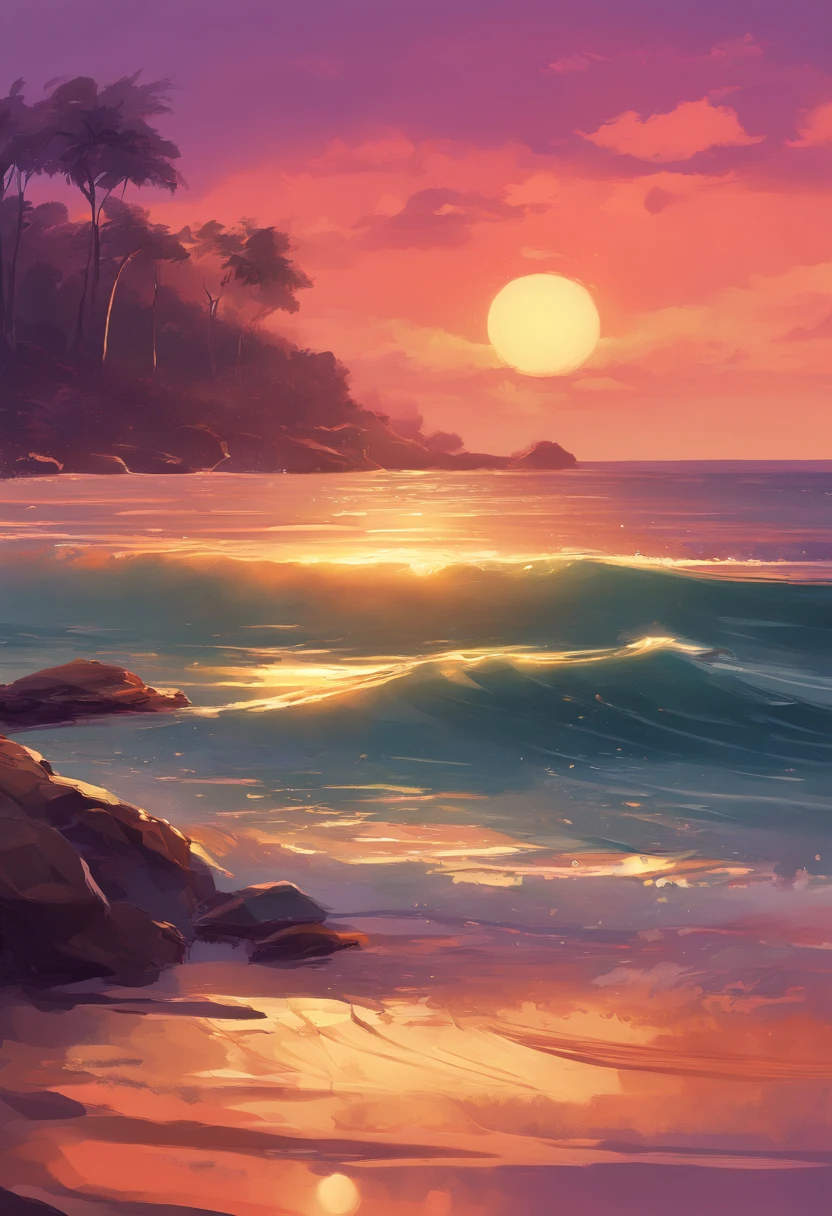 (best quality,4k,8k,highres,masterpiece:1.2),ultra-detailed,(realistic,photorealistic,photo-realistic:1.37),vibrant colors,sunset,scenic view,golden rays,calm water,reflection,serene atmosphere,silhouette,splendid horizon,line of mountains,lush greenery,peaceful ambiance,vivid sky,romantic setting,natural beauty,tranquil scene,magical moment,twilight,sublime landscape,serene coastline,warm color tones,gentle waves,serenity,captivating scenery,spectacular colors,tranquil beach,majestic view,picturesque landscape,harmony,nature's masterpiece,harmonious palette,romantic hues,awe-inspiring beauty,serene waters,unforgettable sunset