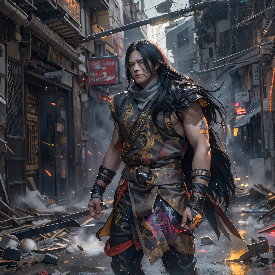 (Rainbow ruins)Climb the streets(Doomsday Rainbow)eyes filled with angry,He clenched his fists,Rush up,Deliver a fatal blow to your opponent,full bodyesbian,Full Body Male Mage 32K(Masterpiece rainbow,Rainbow Ultra HD)Long flowing black hair,Campsite size,zydink, The wounded lined up in the streets(Doomsday ruins rainbow)Climb the streets, The scene of the explosion(Rainbow Doomsday Ruins), (Linen batik scarf), Angry fighting stance, looking at the ground, Batik linen bandana, Chinese python pattern long-sleeved garment, rainbowing(Abstract propylene splash:1.2), Dark clouds lightning background,Flour flies(realisticlying:1.4),Black color hair,Flour fluttering,rainbow background, A high resolution, the detail, RAW photogr, Sharp Re, Nikon D850 Film Stock Photo by Jefferies Lee 4 Kodak Portra 400 Camera F1.6 shots, Rich colors, ultra-realistic vivid textures, Dramatic lighting, Unreal Engine Art Station Trend, cinestir 800,Flowing black hair,(((rainbowing)))The wounded lined up in the streets(rainbowing)Climb the streets,