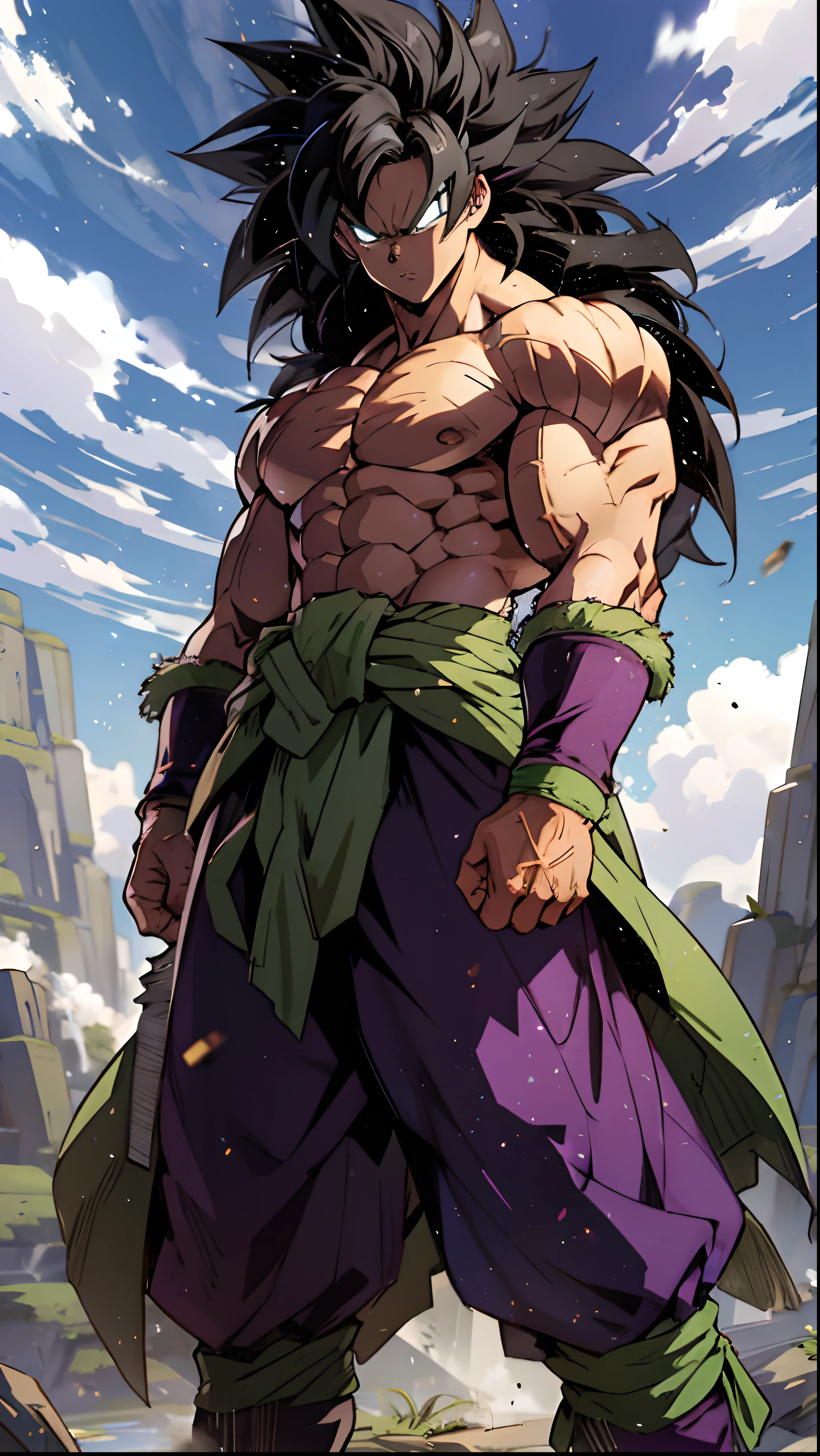 quadratic element,style of shonen anime artwork,broly,The proportions are correct,Face details,highly detailed eyes,hairstyle,Neck details,clothes details,getting ready to fight,short sleeves,Game quality,Light and shadow tracking,Ray traching,detailed glow,cg render,hair detail,Handsome,Handsome,（juvenile sense）,Clothing is complicated,Perfectcomposition,Refinement,high qulity,higher details,Lots of details,volvcano in the background, The background is complex,a sense of atmosphere, angry looking, ((anime))((colorful)), 8k, ((masterpiece)), HDR, highly detailed, vaines poping out, professiona,cloudstick,broly,legendary super saiyan,green fur pelt draped around the waist,black hair