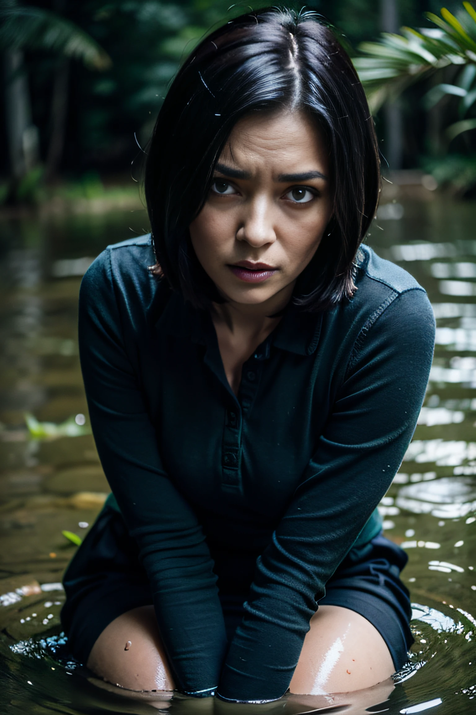 "(Best Quality,hight resolution:1.2),The woman,Expressive wrinkles,Bob haircut,jeans skirt,blouse,dark lace stockings with garters, ( drowning in a swamp:1.2),Detailed eyes and face,long eyelashes,expression of despair,Dark and moody lighting,ominous vibe, Sexy horror"