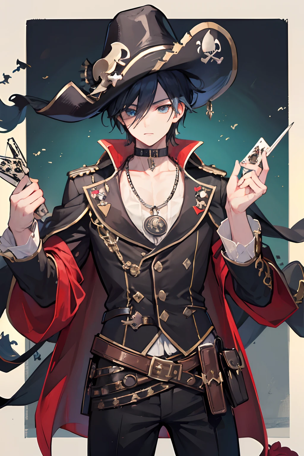 1boys, masterpiece, wide-brimmed hat with jack of spades card embedded, pirate attire inspired by poker cards, 8k, 4k, handsome, village, holstered flintlock in belt, sheathed cutlass