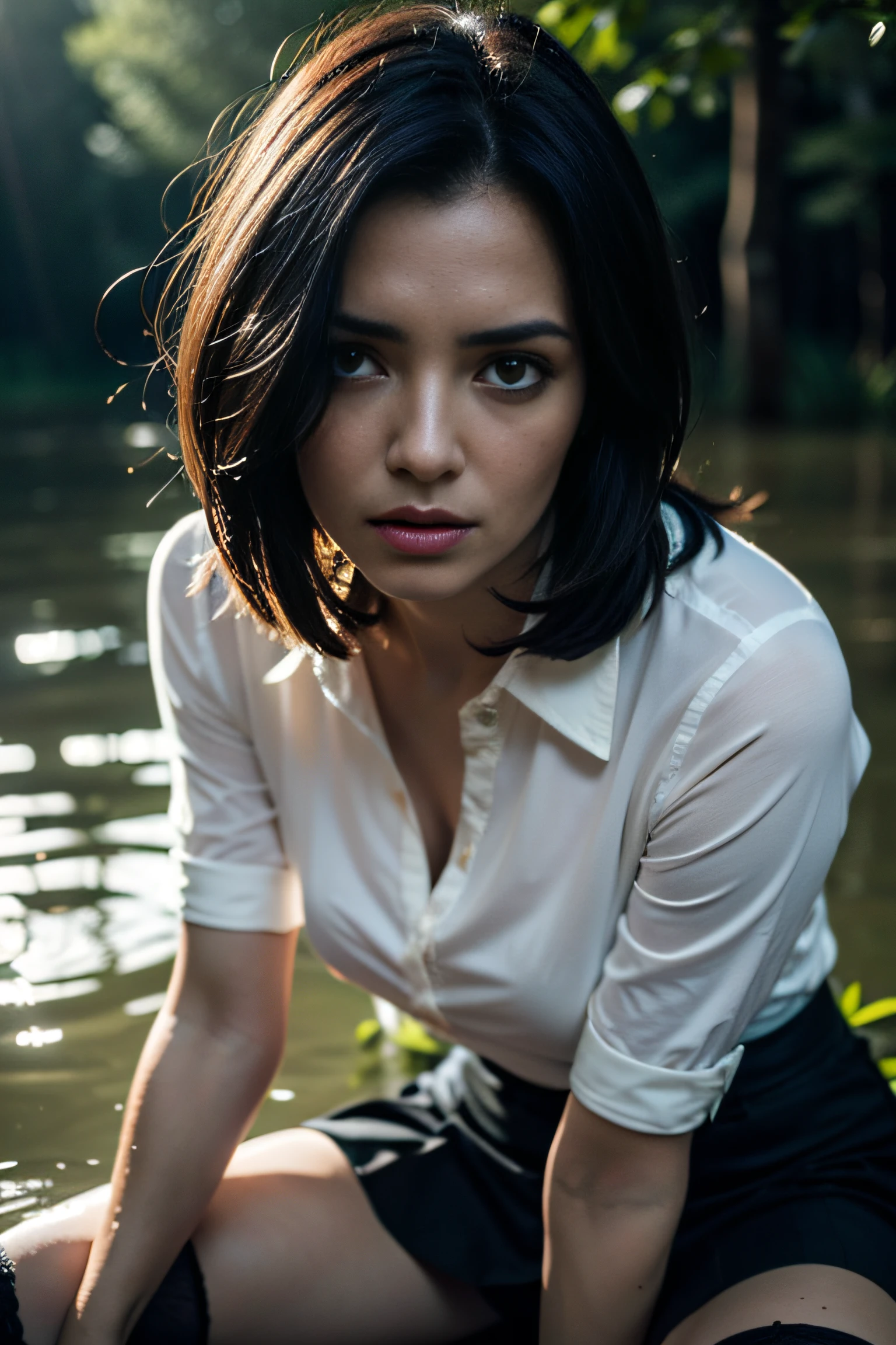 "(Best Quality,hight resolution:1.2),The woman,Expressive wrinkles,Bob haircut,jeans skirt,blouse,dark lace stockings with garters, ( drowning in a swamp:1.2),Detailed eyes and face,long eyelashes,expression of despair,Dark and moody lighting,ominous vibe, Sexy horror"