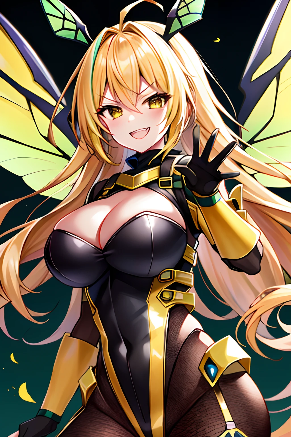 masterpiece+++++, solo, fusion satin and insanely shiny wasp yellow exoskeleton bio insect leotard, Yellow and black striped boots, wasp transparent wings, wasp antennae, Honeycomb printed, yellow and black striped fur, evil smile, smirks cruelly, Open mouth, black hair streaked yellow hair, large breast, dark heroine, villain, dynamic pose, battle field background, (scenery clear details)++,