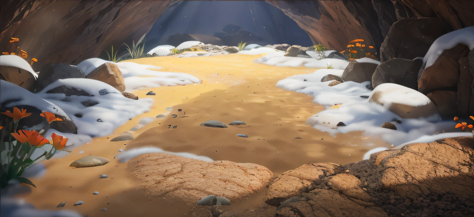 the ground，warm，Rock texture，The texture is clear，There is soil on the ground，Young shoots grow in the soil（speleothems），fanciful，Natural sunlight from the magic sphere，Ray traching，diffuselighting，vivd colour，Rochas（The is very detailed，finely detailled，iintricate），8K分辨率，