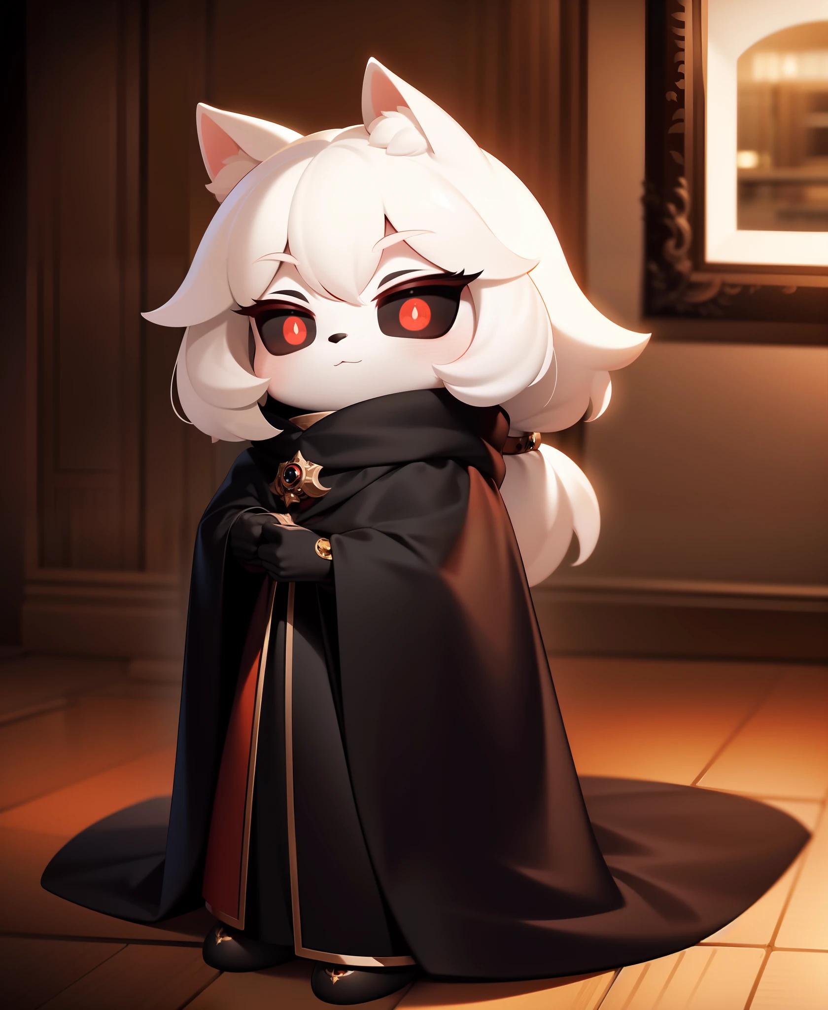 best quality, ultra high res,1furry boy， solo，detailed eyes, volumetric lighting, amazing, finely detail, , black cloak , red eyes, black sclera, bright pupils, full body, night, indoor, chibi