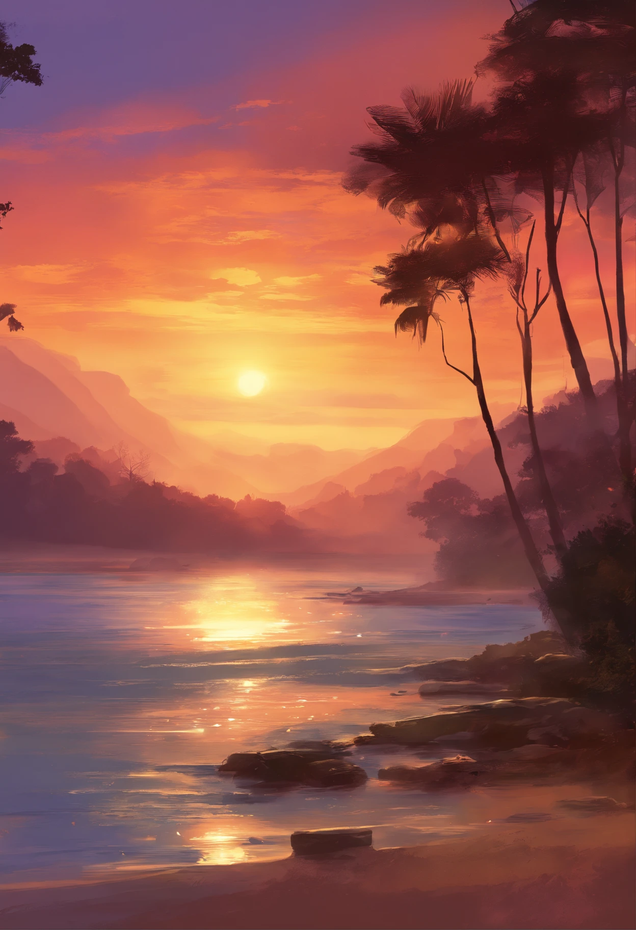 (best quality,4k,8k,highres,masterpiece:1.2),ultra-detailed,(realistic,photorealistic,photo-realistic:1.37),vibrant colors,sunset,scenic view,golden rays,calm water,reflection,serene atmosphere,silhouette,splendid horizon,line of mountains,lush greenery,peaceful ambiance,vivid sky,romantic setting,natural beauty,tranquil scene,magical moment,twilight,sublime landscape,serene coastline,warm color tones,gentle waves,serenity,captivating scenery,spectacular colors,tranquil beach,majestic view,picturesque landscape,harmony,nature's masterpiece,harmonious palette,romantic hues,awe-inspiring beauty,serene waters,unforgettable sunset