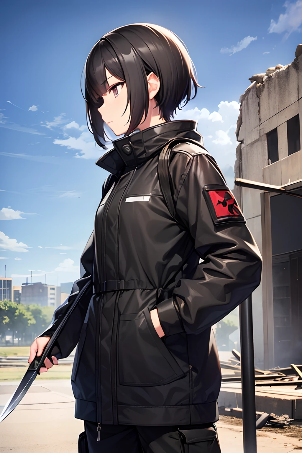 (masutepiece:1.2), Best Quality , pixiv, Petite 16 year old girl , Short black hair , Black eyes , Perfect eyes , Wear and gray camouflage clothing , (Anime girl holds a long black knife in her hand) ,She stands in the ruins , There is a fire in the ruins ,girls frontline style,Smooth Anime CG Art, profile of anime girl ，The weather is cloudy ,