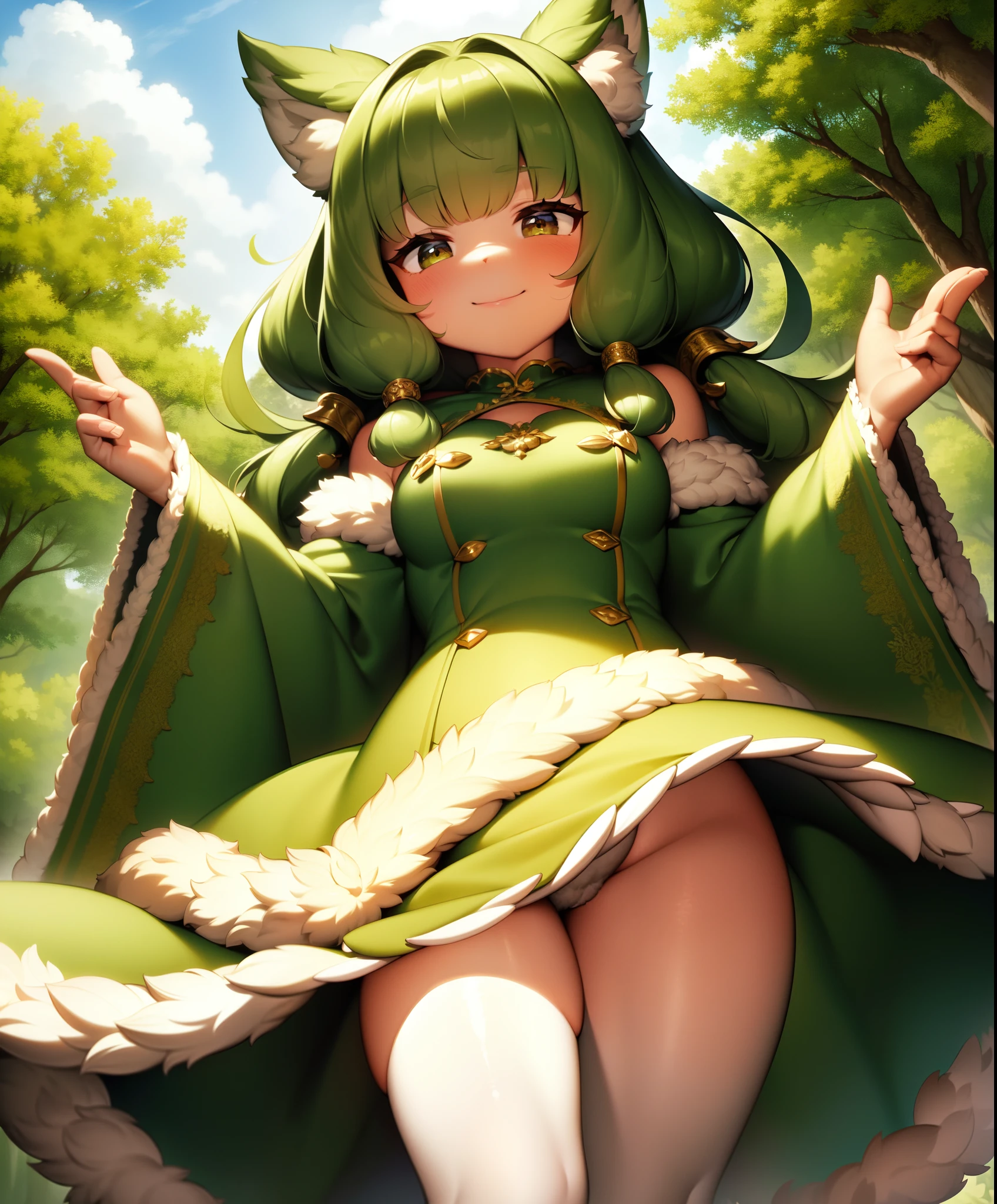 elora furry, detailed and extremely fluffy body fur, fluff, masterpiece, looking up beautiful surroundings, detailed background, happy, leaf-dress,