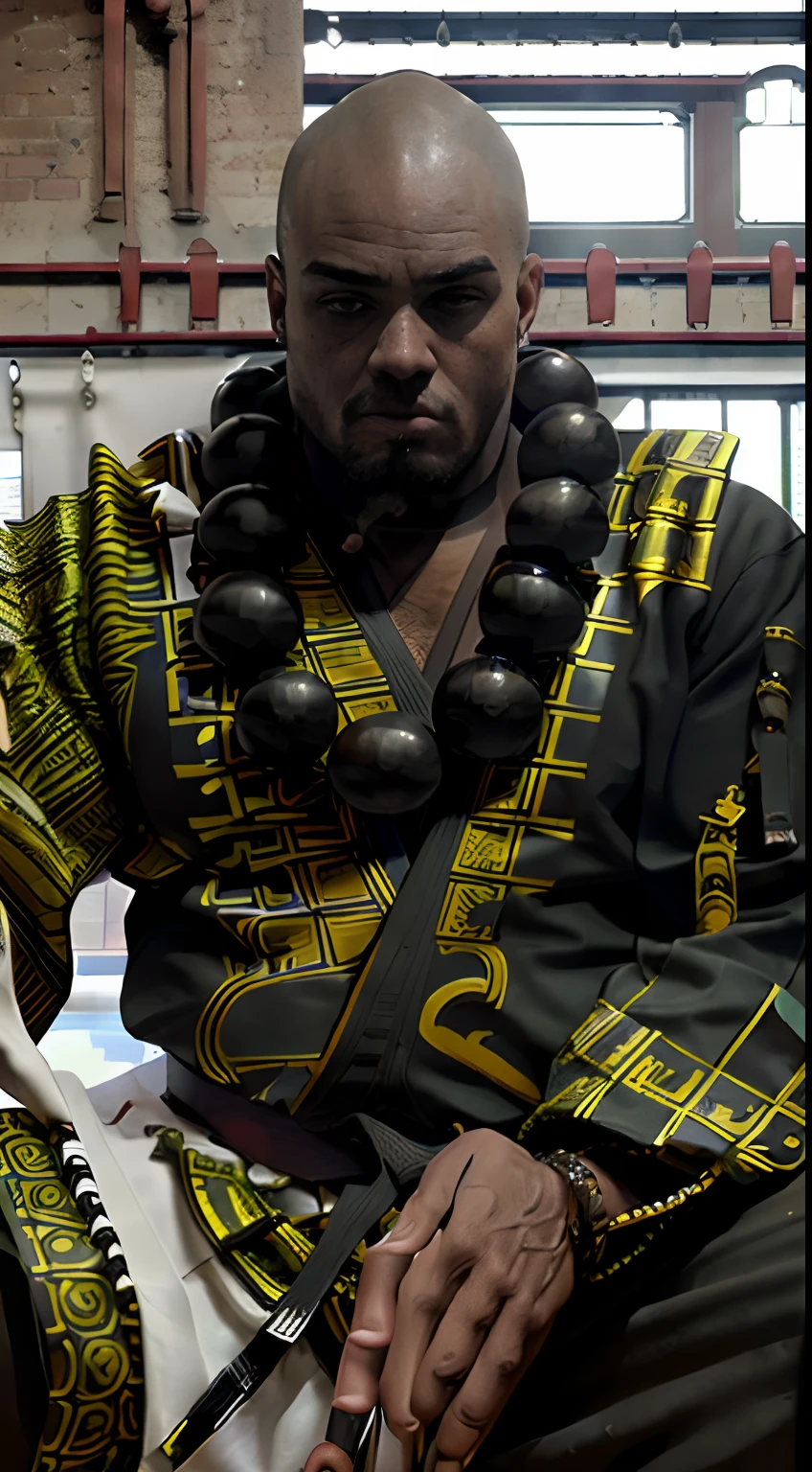 (wearing heavybeads: 1.8), sitting in a factory, (realistic styled by karol bak : 1.4). german ethnicity boy, medium closeup of (a black belt judoka: 1.5).  in munich complex ornate background, sharp focus, masterpiece, (RAW photo, fashion: 1.3), intricate and detailed.