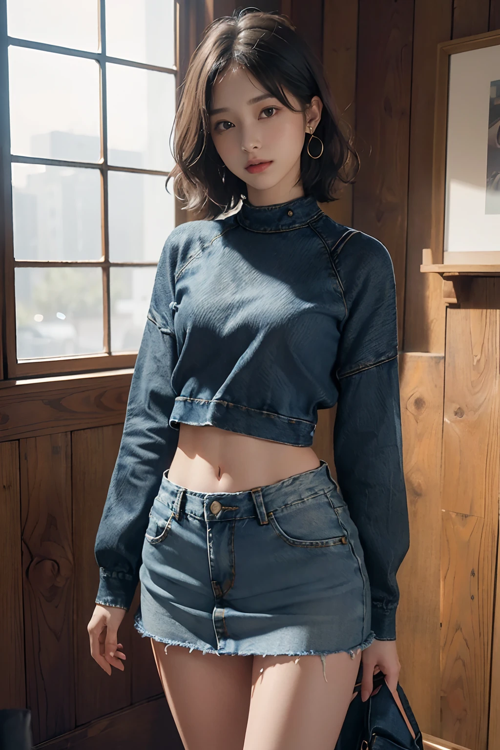 (short wavy hair:1.2)、((masuter piece:1.3)、(8K、Photorealsitic、Raw photography、top-quality: 1.4)、(1girl in)、Beautiful expression、(Lifelike face)、 Beautiful hairstyle、realisticeyes、Beautiful details、(real looking skin)、Beautiful skins、absurderes、enticing、超A high resolution、A hyper-realistic、high-detail、the golden ratio、 ((wide open abdomen))、((open abdomen))、((wide open navel))、((open navel))、((Bare belly))、((Mid-Riff Sweater))、((Ultra-low rise、Denim Mini Skirt))、 ((Navel Ejection))、((small hips))、((long limbs))、((Full body depiction))、((small hip))、(long boots)、((Ultra-low rise))、((Denim Mini Skirt))、((is standing))、