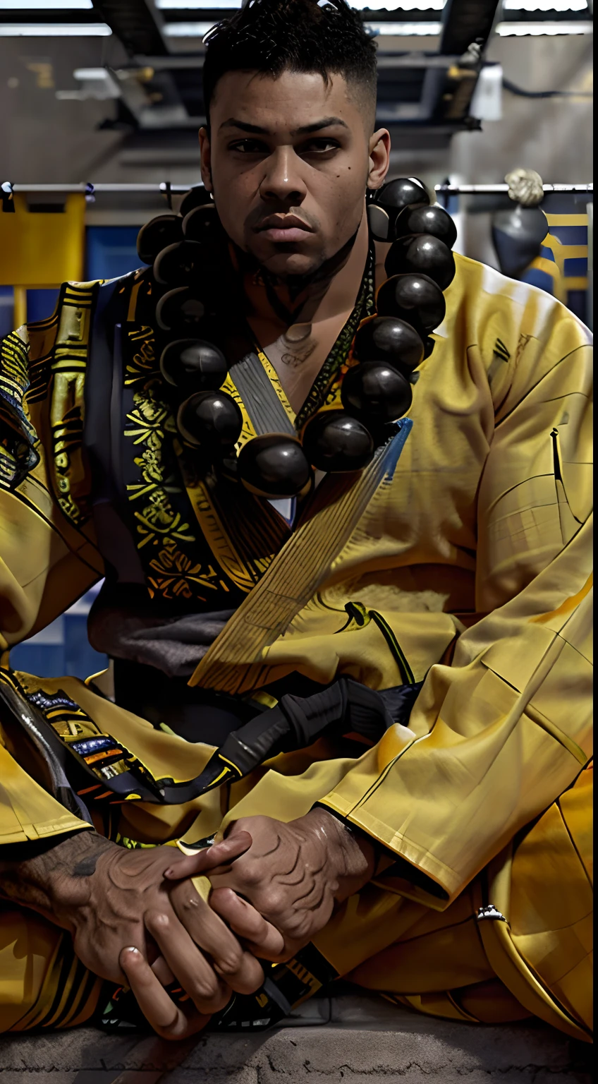 (wearing heavybeads: 1.8), sitting in a factory, (realistic styled by karol bak : 1.4). german ethnicity boy, medium closeup of (a black belt judoka: 1.5).  in munich complex ornate background, sharp focus, masterpiece, (RAW photo, fashion: 1.3), intricate and detailed.