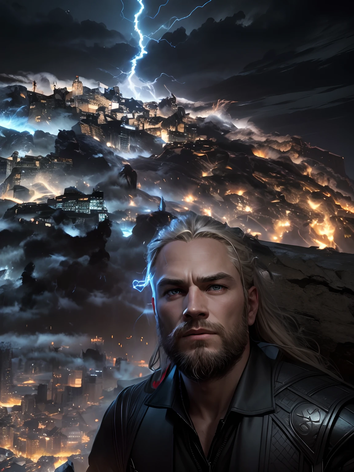 Thor , odin son, god of thunder in war lightning in around dark sky realistic face ultra realistic black suit long hair armed