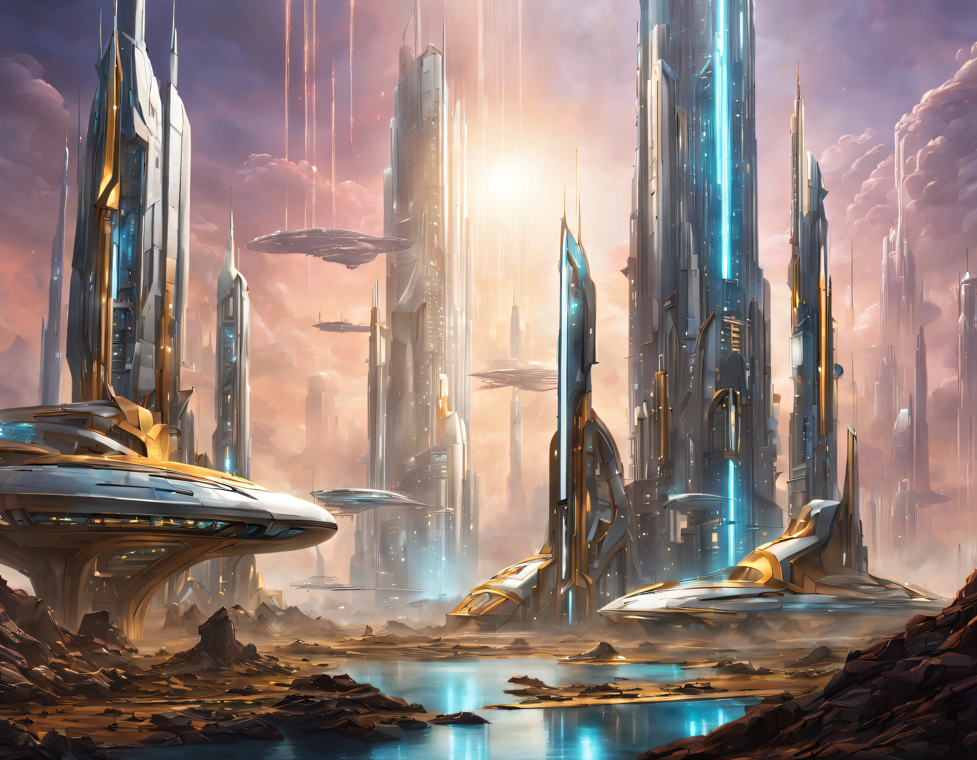On an unknown planet there is a futuristic city with immense buildings of technological design, con estructuras acristaladas en plata, oro y bronce y maquinarias espectaculares en la que sobrevive un robot femenino espectacular. con colores vivos.