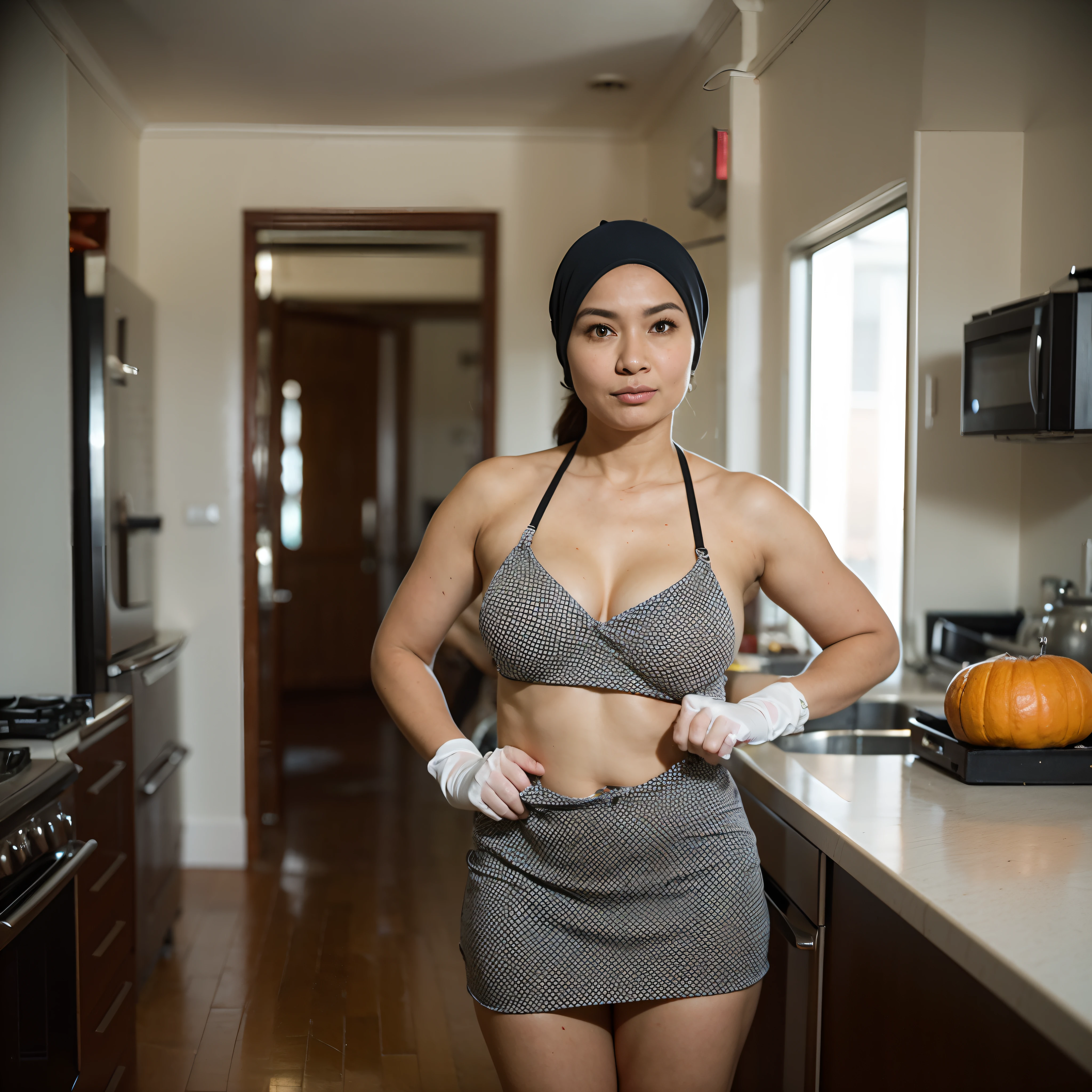 ((masterpiece, Best Quality, High resolution, 32K HDR)), 1female 3male, (Ultra realistic portrait of mature Malaysian woman:1.55, mature Muslim woman:1.5, Chubby Malaysian Woman:1.65, she is 50years old Malaysian:1.85, hijab:1.2, house keeper, tanned skin:1.25, wearing fishnet bra:1.6, half naked apron:1.6, no panty, rubber glove:1.15, Long fishnet stockings), being moleister by a 3 homeless boy, the boy touched her buttocks : 1.5, the boy gropes her breast from behind: 1.6, the boy lifted her apron,