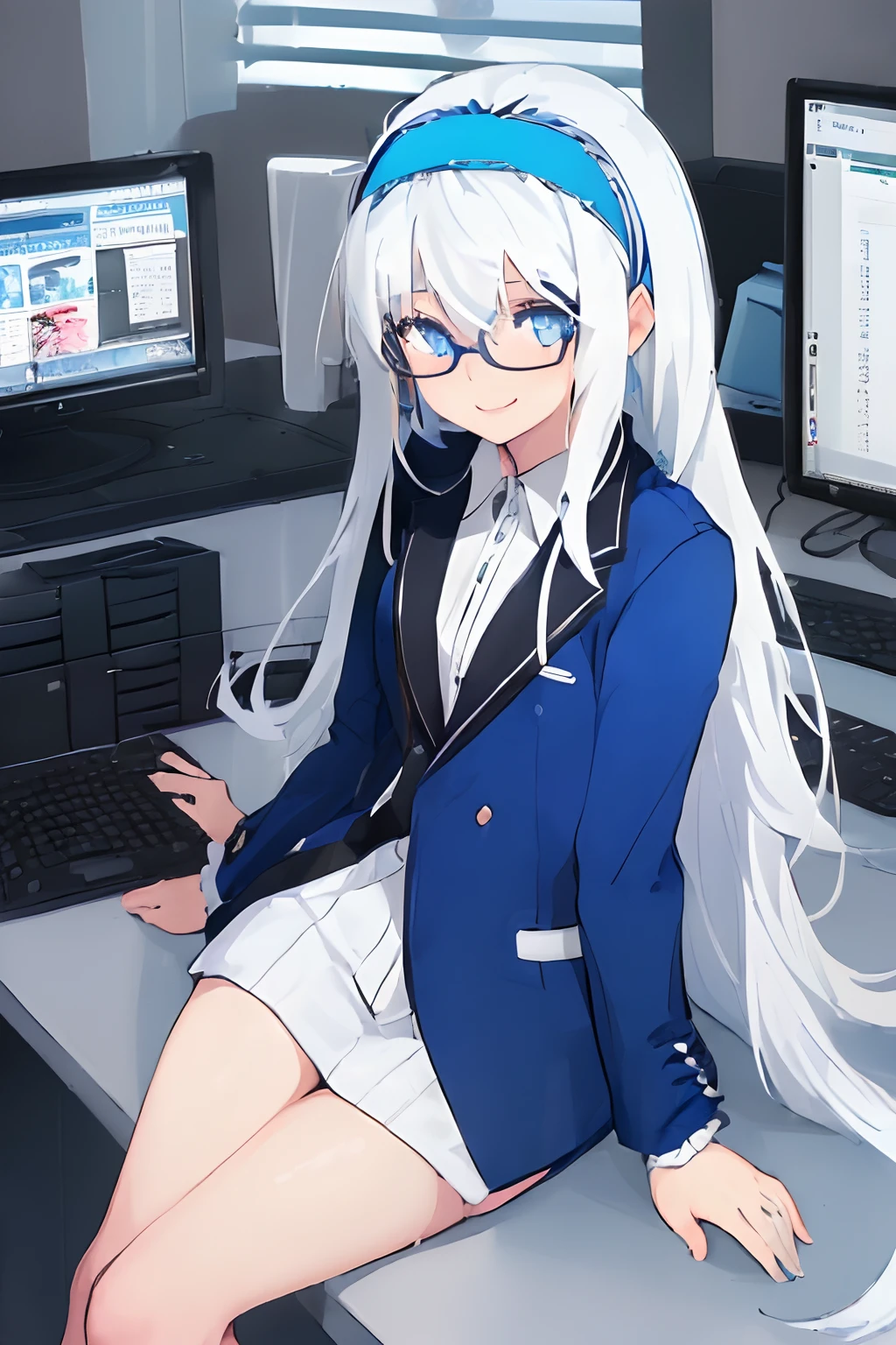 One girl with high ponytail hair, white hair, blue inner hair, looking at viewer, embarrassed, blushing, tears, indoor , office, white shirts, black necktie, mini skirt, office lady, thigh, slim, dizzy, choker, mid-chest, wide hips, perfect waist, spread legs, night atmosphere, hair ornament, sit on, crossed legs, glasses, pantyhose, (embarrassed:1.0)