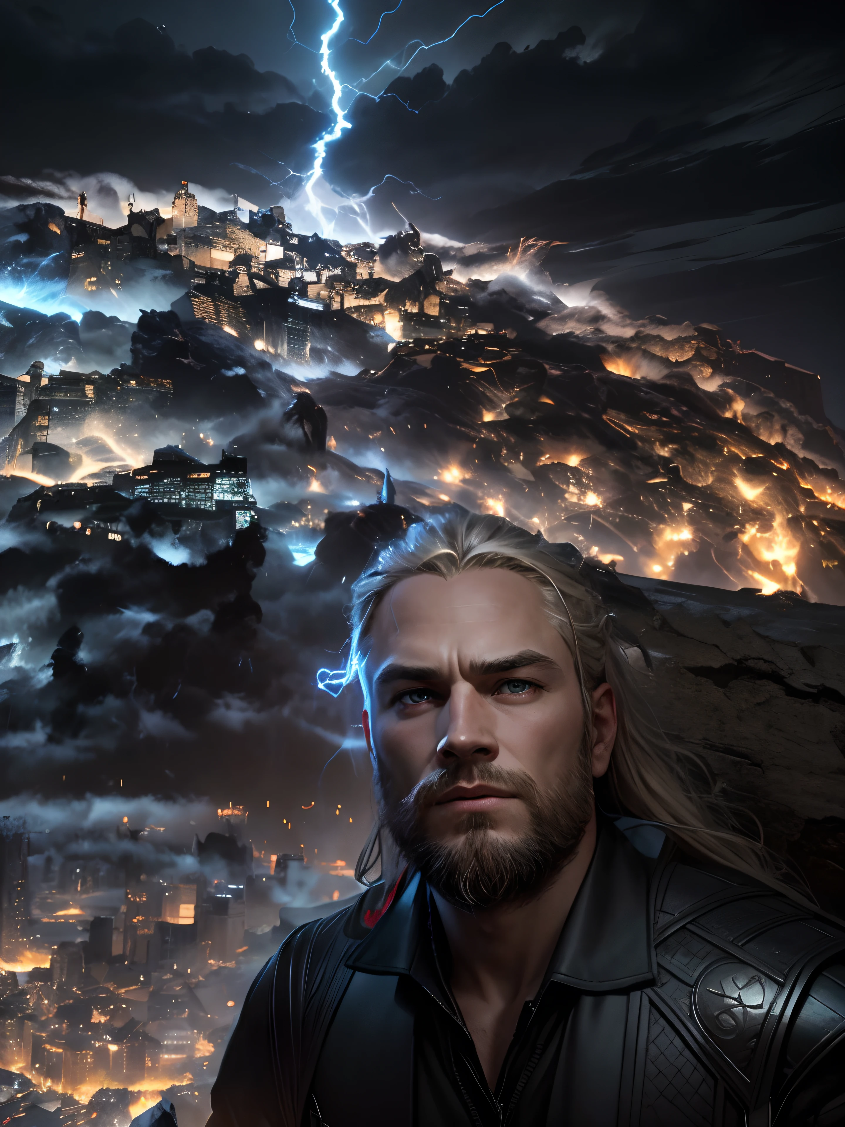 Thor , odin son, god of thunder in war lightning in around dark sky realistic face ultra realistic black suit long hair armed